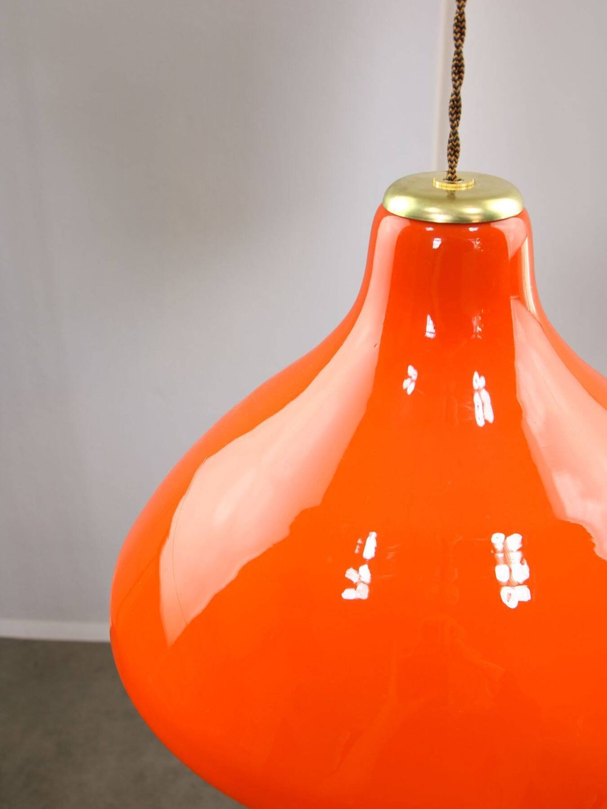 photo for sale Mid Century Italian Orange Glass And Brass Pendant Lamp
