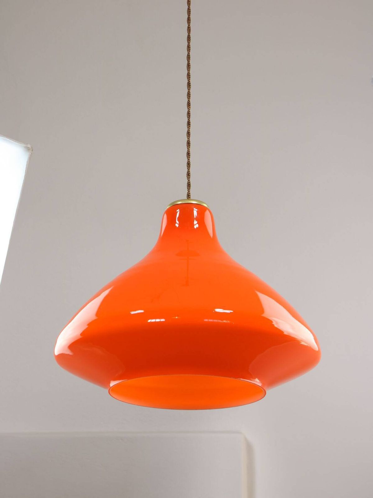 473.0 Mid Century Italian Orange Glass And Brass Pendant Lamp photo