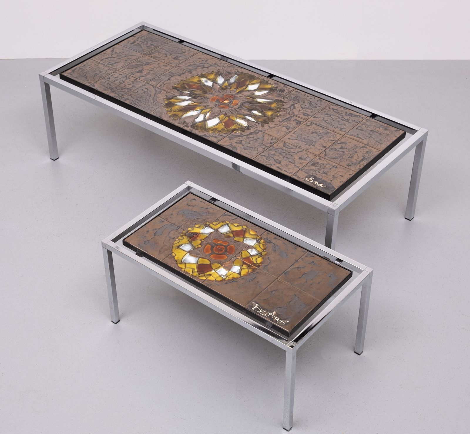 photo for sale Juliette Belarti Ceramic Tile Table Set Of 3 Belgian 1970s