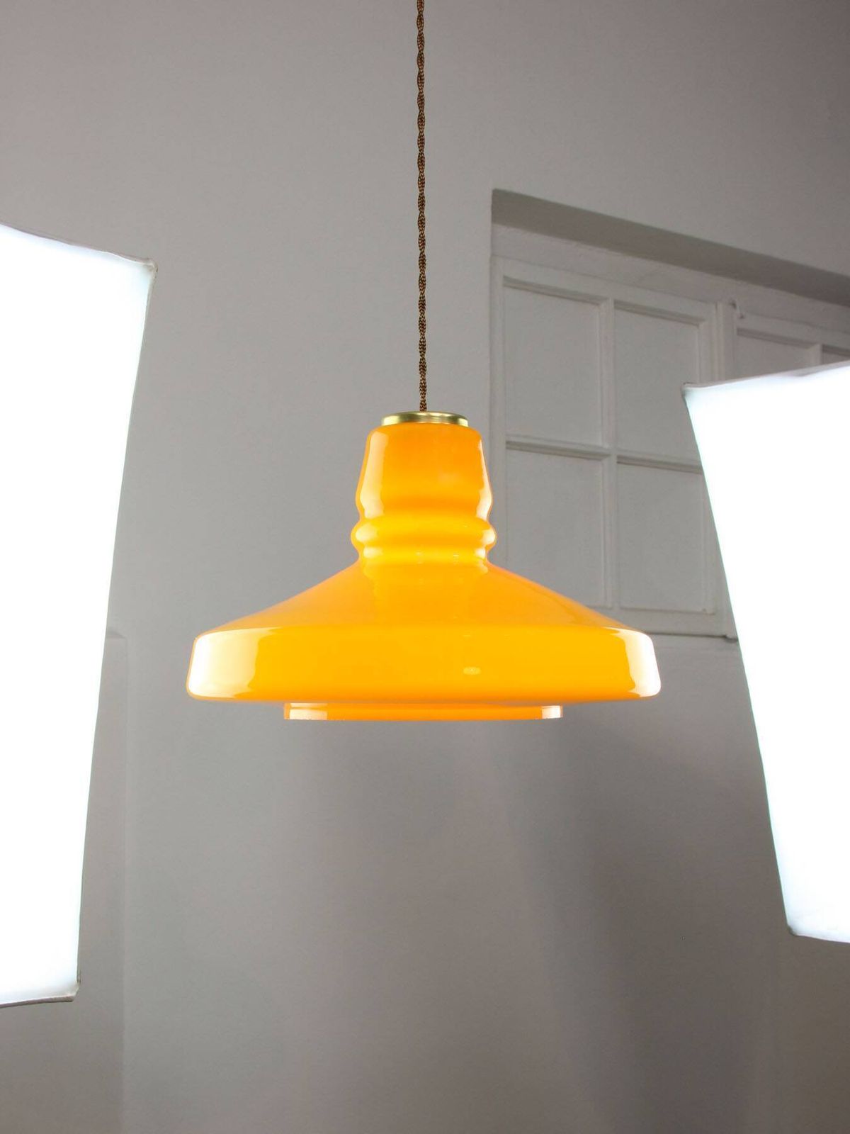 Lighting Mid Century Italian Yellow Glass And Brass Pendant Lamp photo