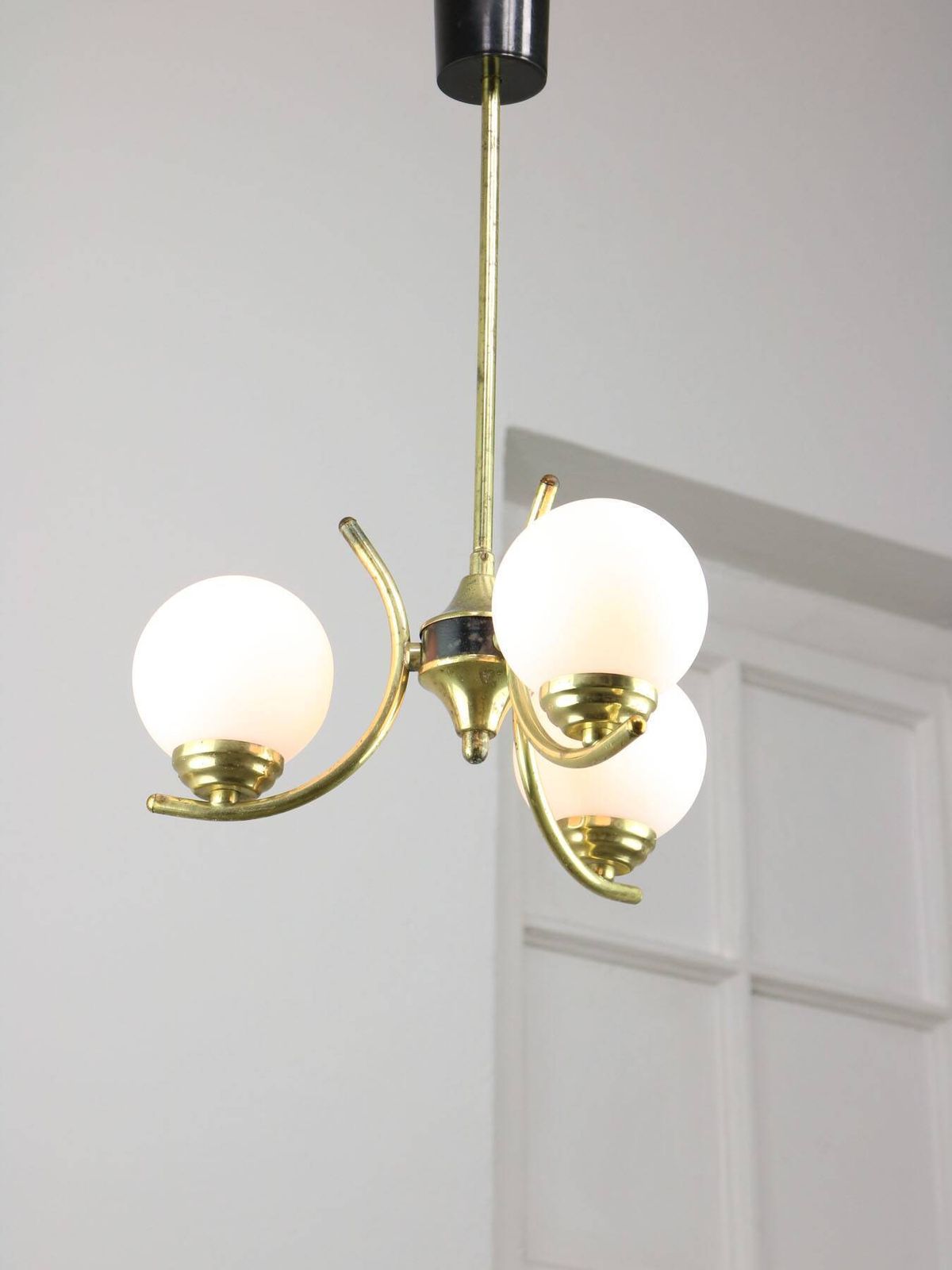 Mid Century Italian Brass And Opaline Chandelier photo furniture