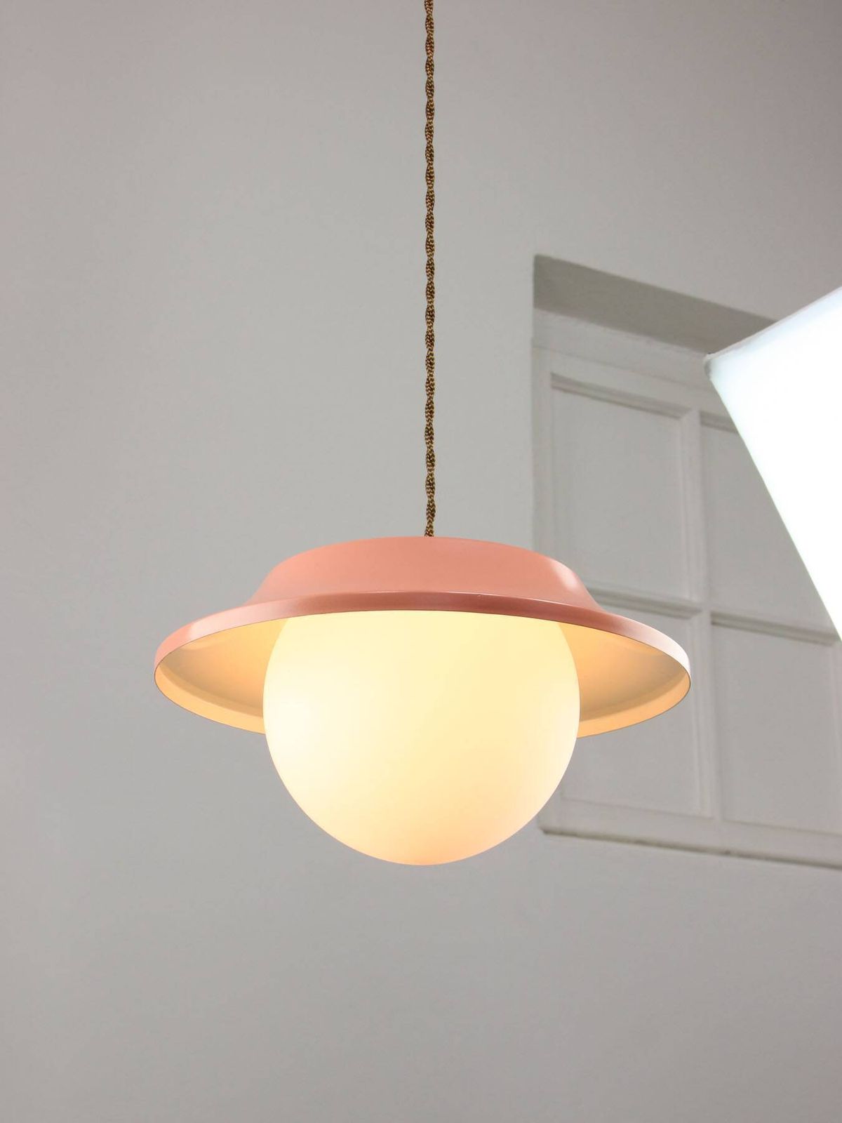 Mid Century Italian Pink Metal And Brass Pendant Lamp photo vinterior