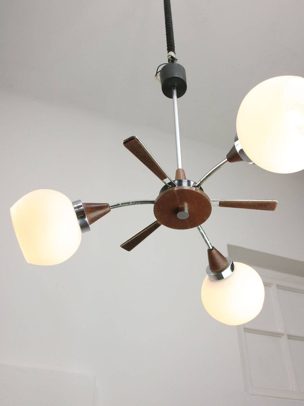 620.0 Mid Century Italian Chrome And Opaline Chandelier photo