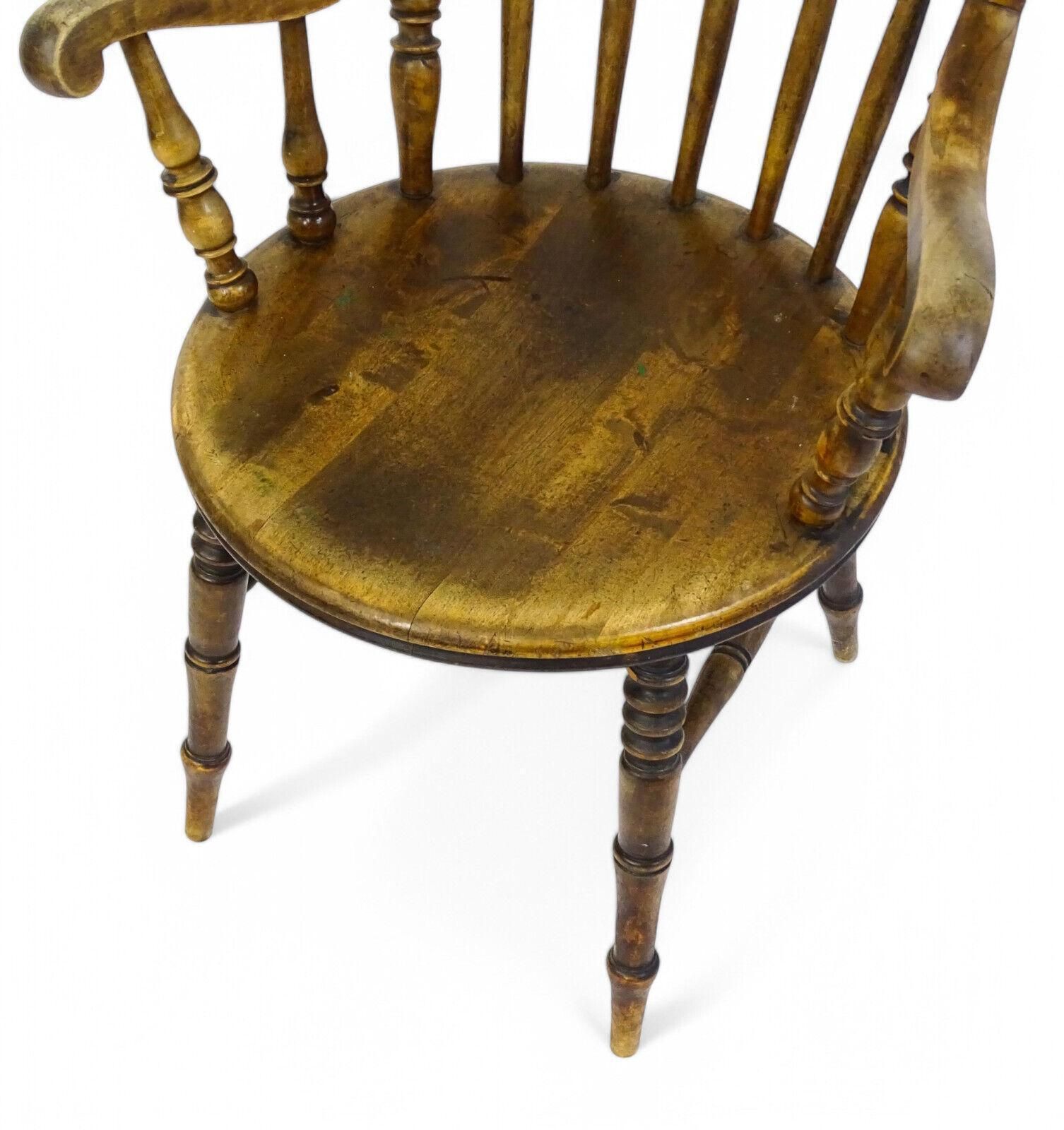 Antique 19th Century Penny Seated Windsor Arm Elbow Chair Scrolled Arms photo vinterior