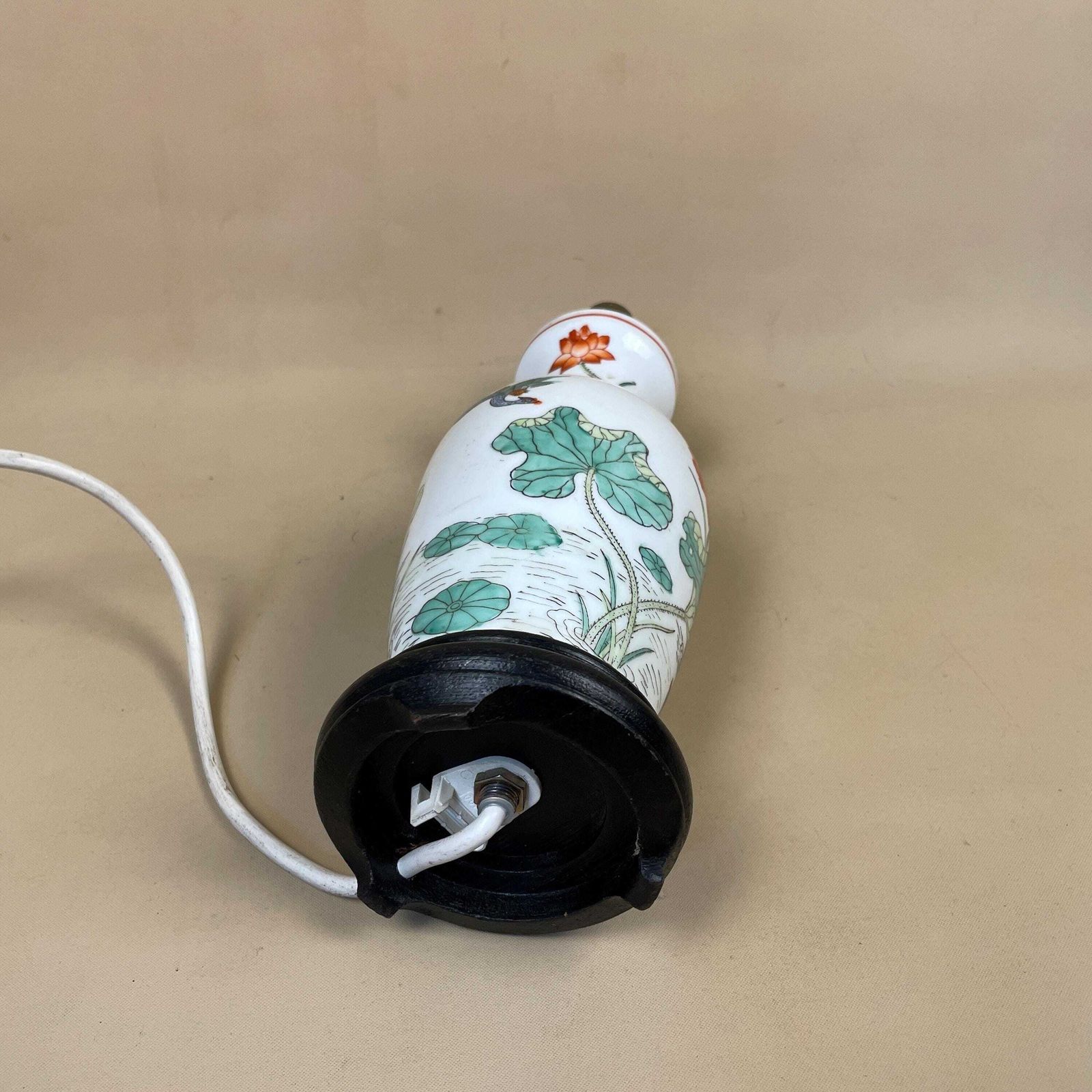 Vintage Ceramic Lamp Light Bedside Table Hand Painted Floral Lily Pad Design Pattern Wood Base Oriental Chinese Vase White Antique Brass photo buy