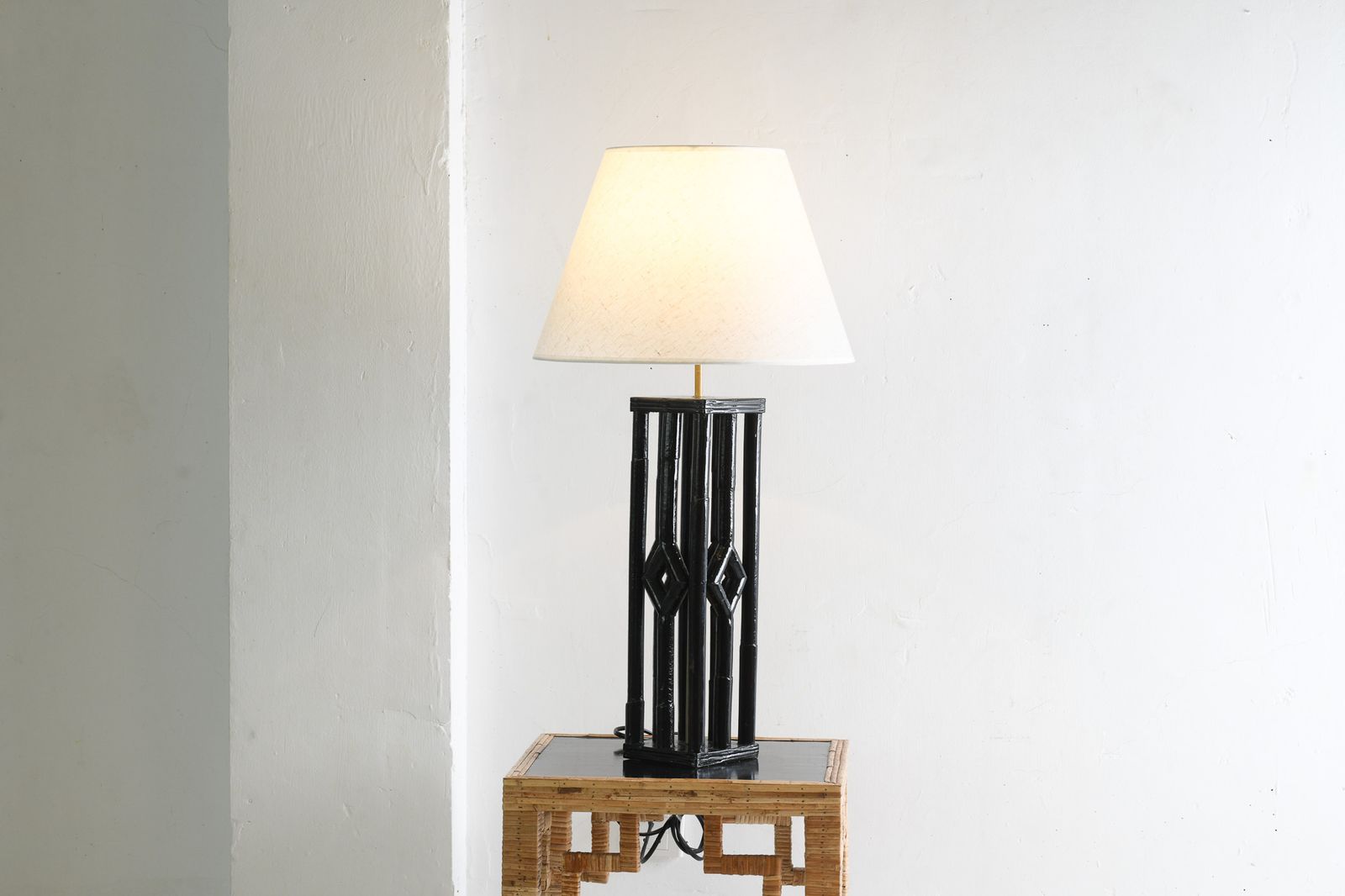 Rattan Table Lamp Black Lacquered Colonial Style photo for sale