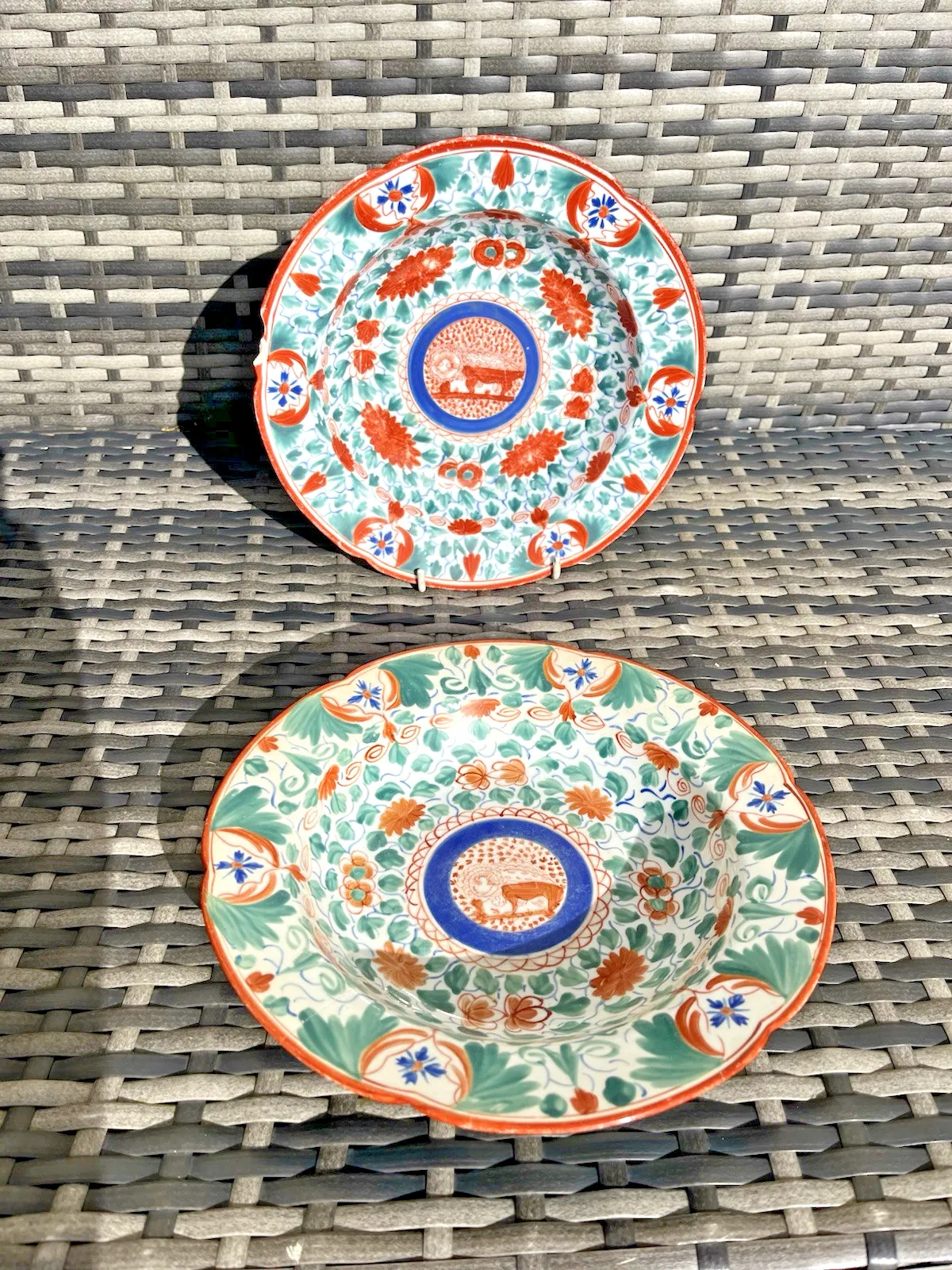 2 Antique C1805 Minton English Porcelain Crazy Cow / Bengal Tiger Soup Bowls A/F photo for sale