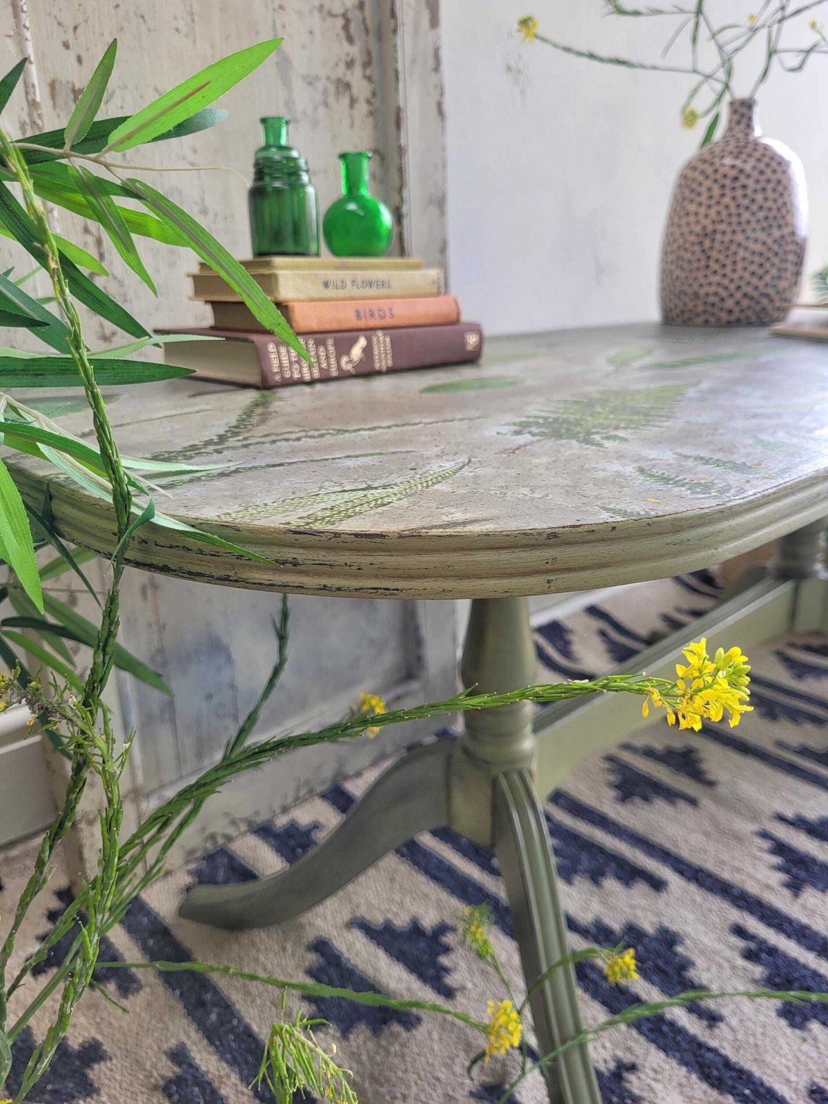 Green Coffee Table  Hand Painted   Country   Farmhouse   Botanical   Occasional Table   Side Table  Fern Print photo 295.0