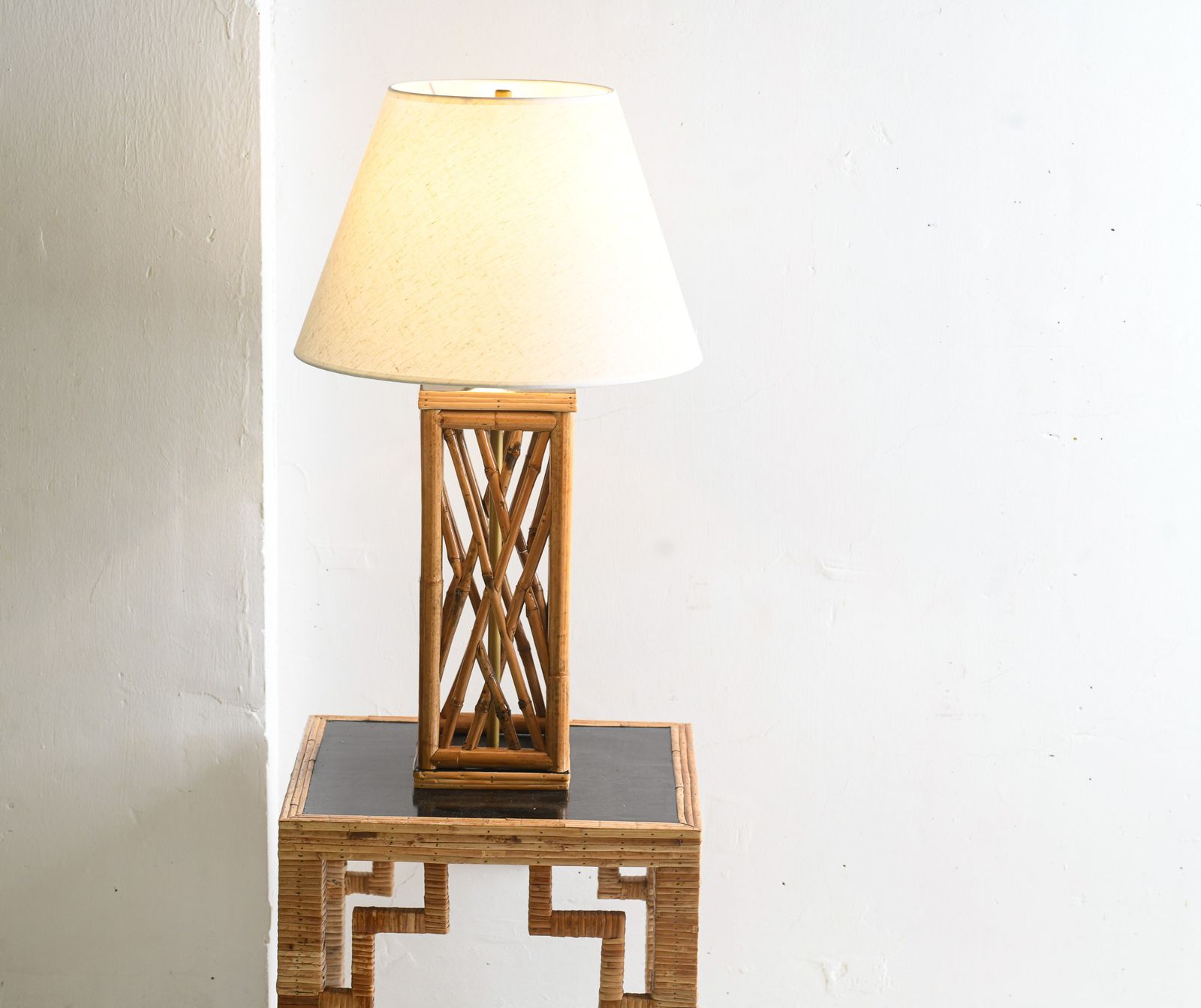 Chippendale Style Lattice Rattan Bamboo Table Lamp photo for sale
