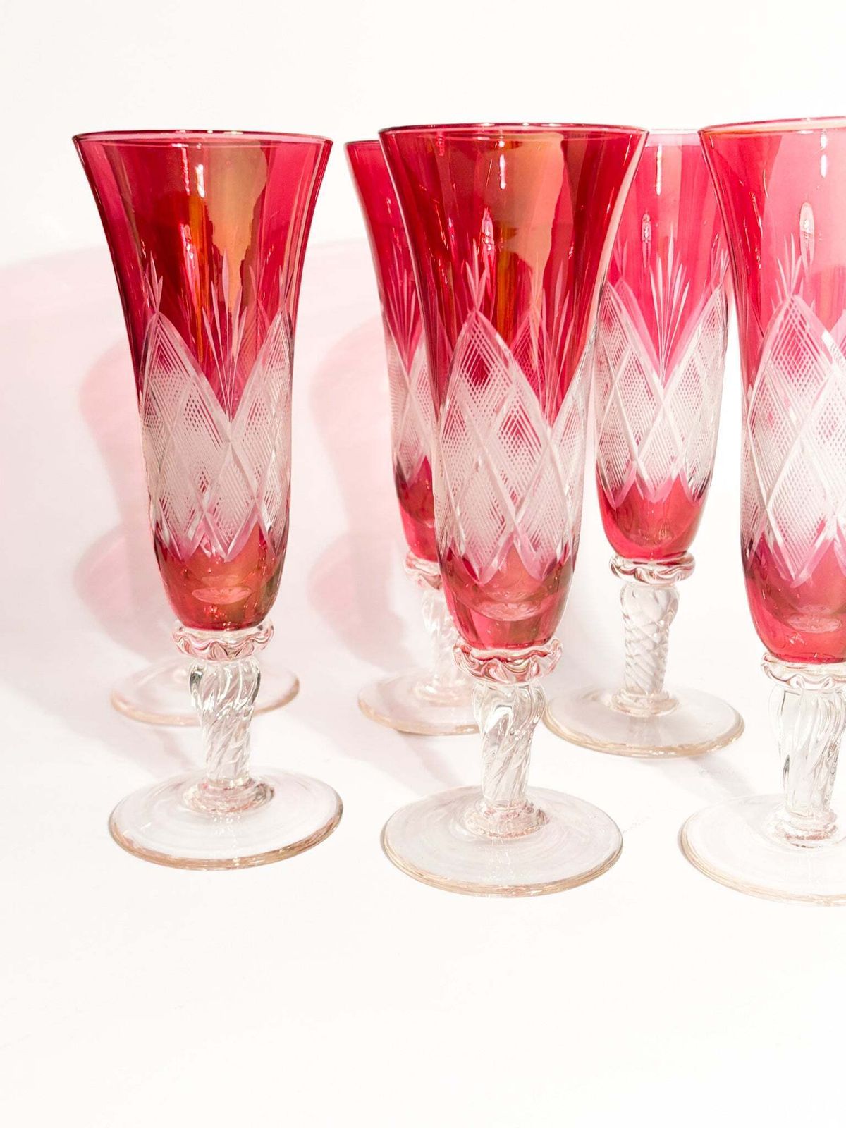 Set Of 6 Red Bohemian Crystal Flute Glasses From The 70s photo buy