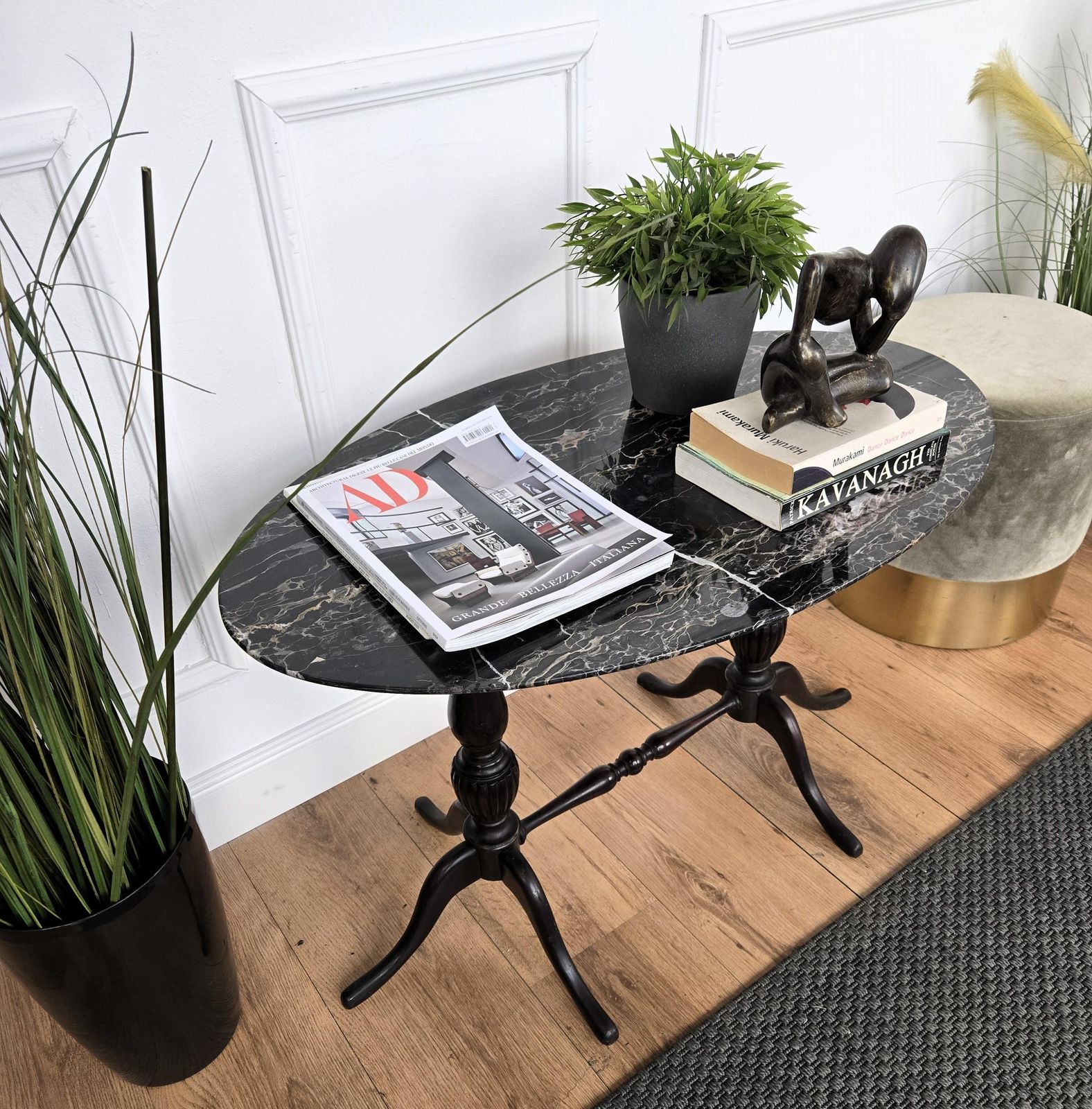 Italian Carved Walnut Side Coffee Table With Oval Portoro Marble Top photo for sale