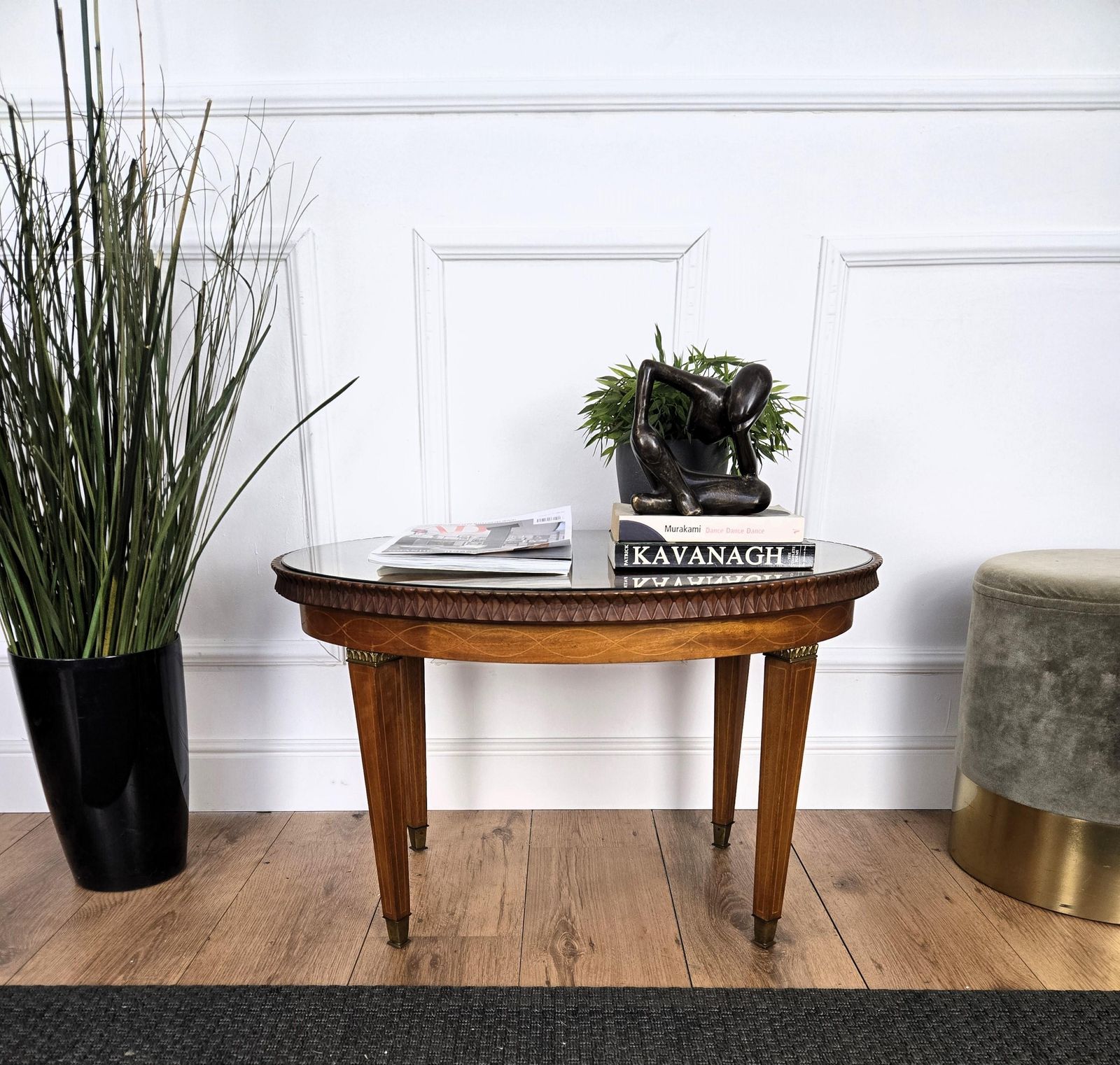 Neoclassical Italian Walnut Burl Wood Inlay Glass Top Coffee Sofa Or Side Table photo Furniture