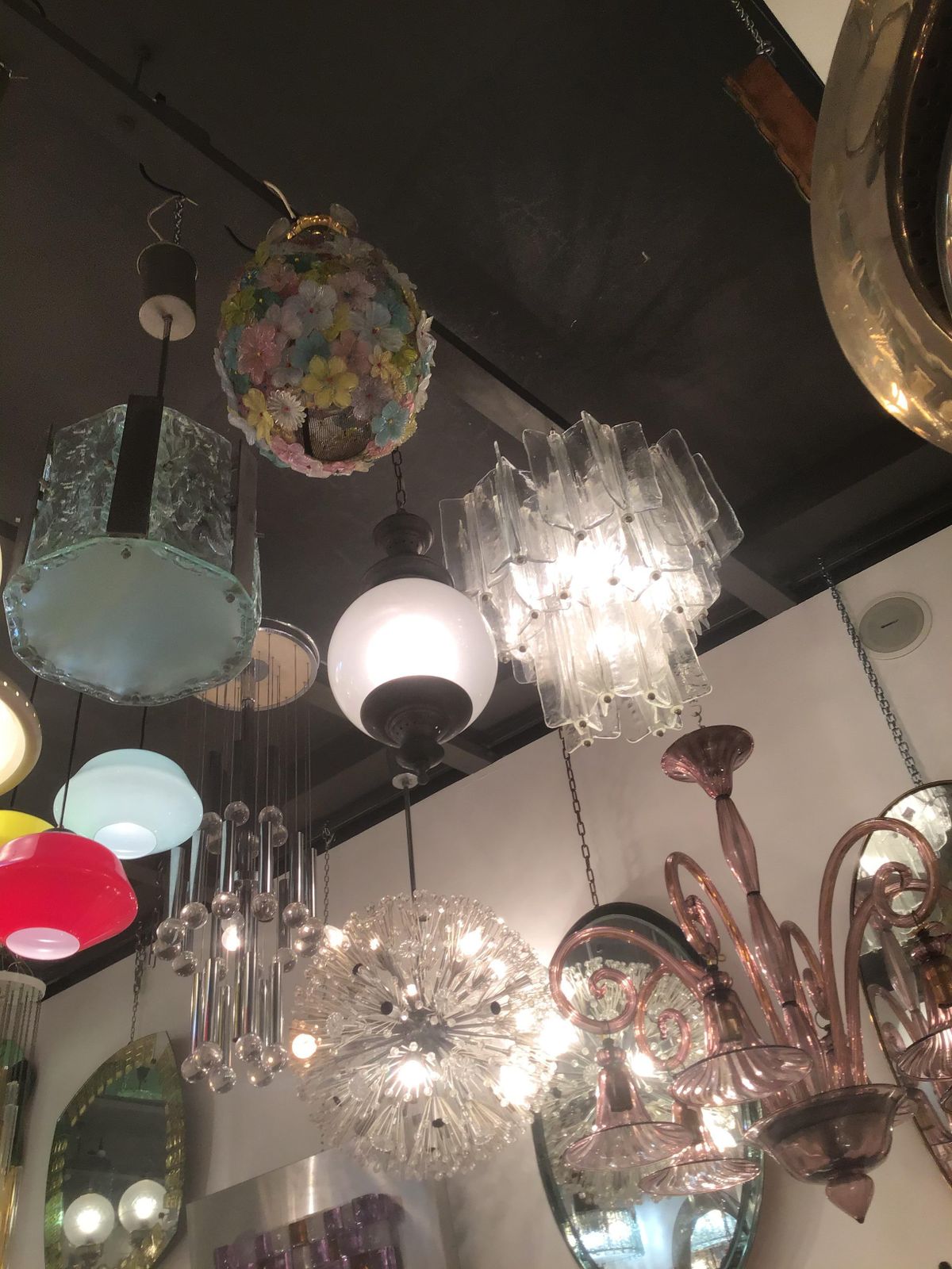 photo furniture Azucena Luigi Caccia Dominioni Couple Chandeliers Acidate Glass Metal Crome 1950s