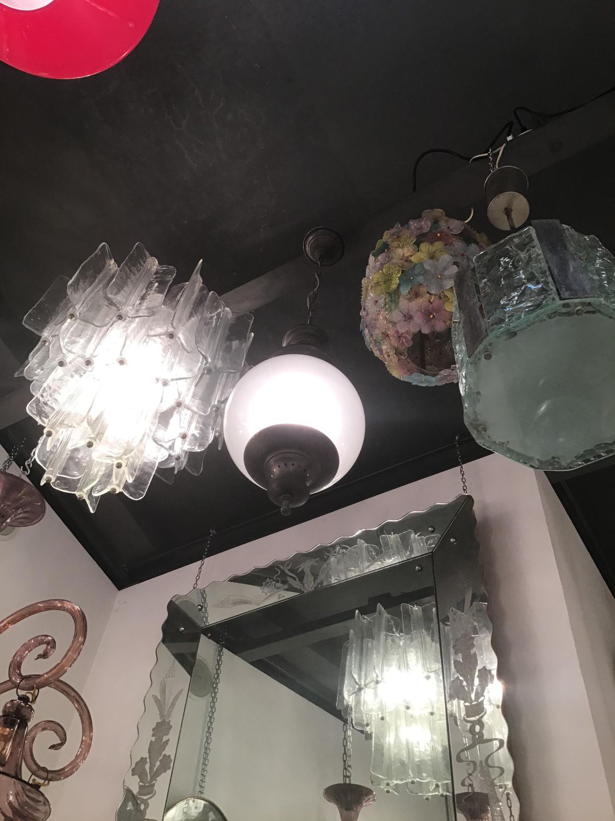 photo for sale Azucena Luigi Caccia Dominioni Couple Chandeliers Acidate Glass Metal Crome 1950s