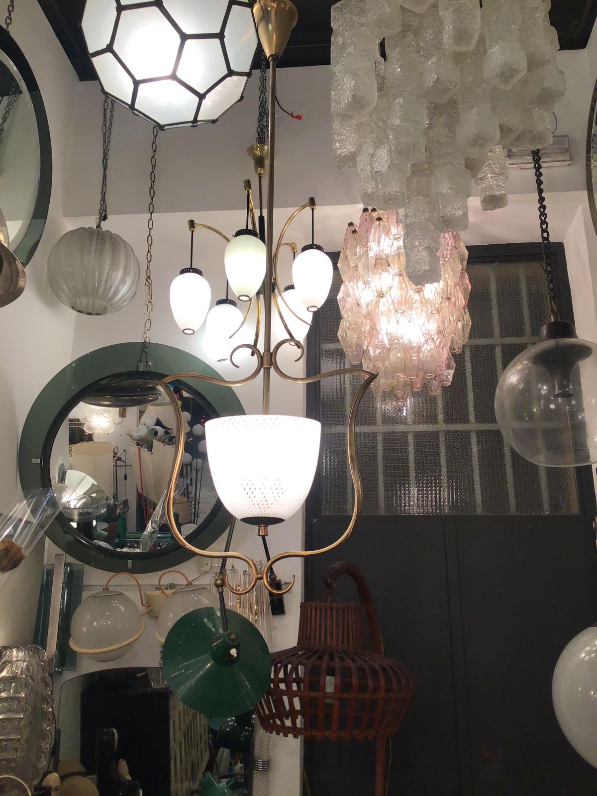 Venini Chandelier Filigrana Brass Murano Glass 1930 Italy photo for sale