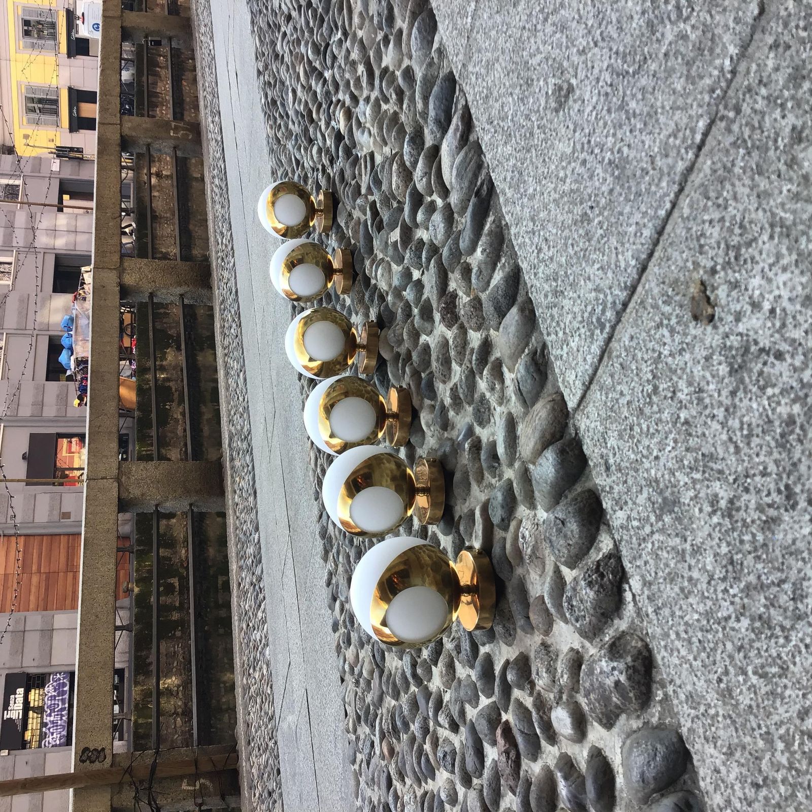 photo for sale Stilnovo    6 Appliques Brass Iron Opaline Glass  50s Of The 20th Century