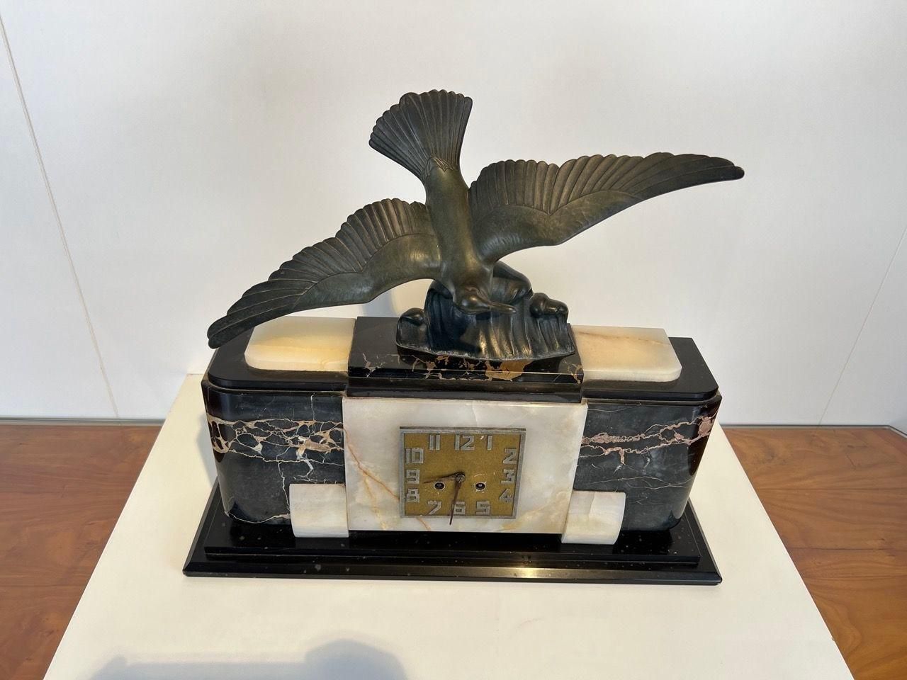 Art Deco Mantel Clock With Bird Sculpture, Marble, France Circa 1930 photo buy
