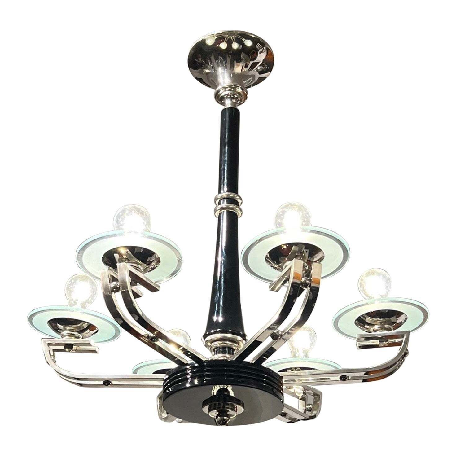 Art Deco Chandelier, Black Lacquer, Chrome, Glass, France Circa 1930
