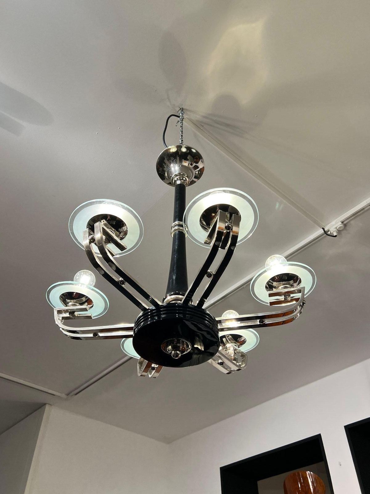 Art Deco Chandelier, Black Lacquer, Chrome, Glass, France Circa 1930 photo for sale