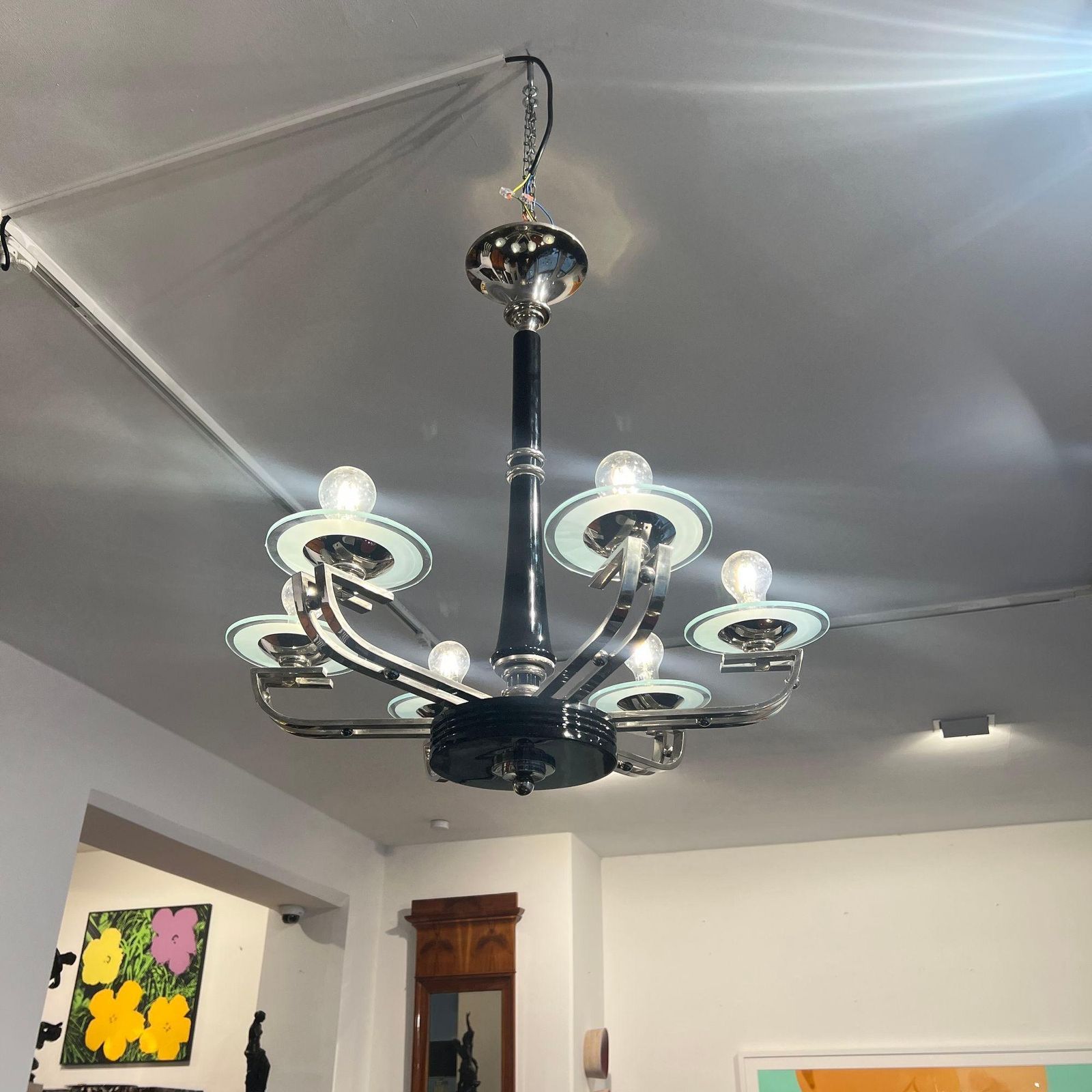 Art Deco Chandelier, Black Lacquer, Chrome, Glass, France Circa 1930 photo vintage