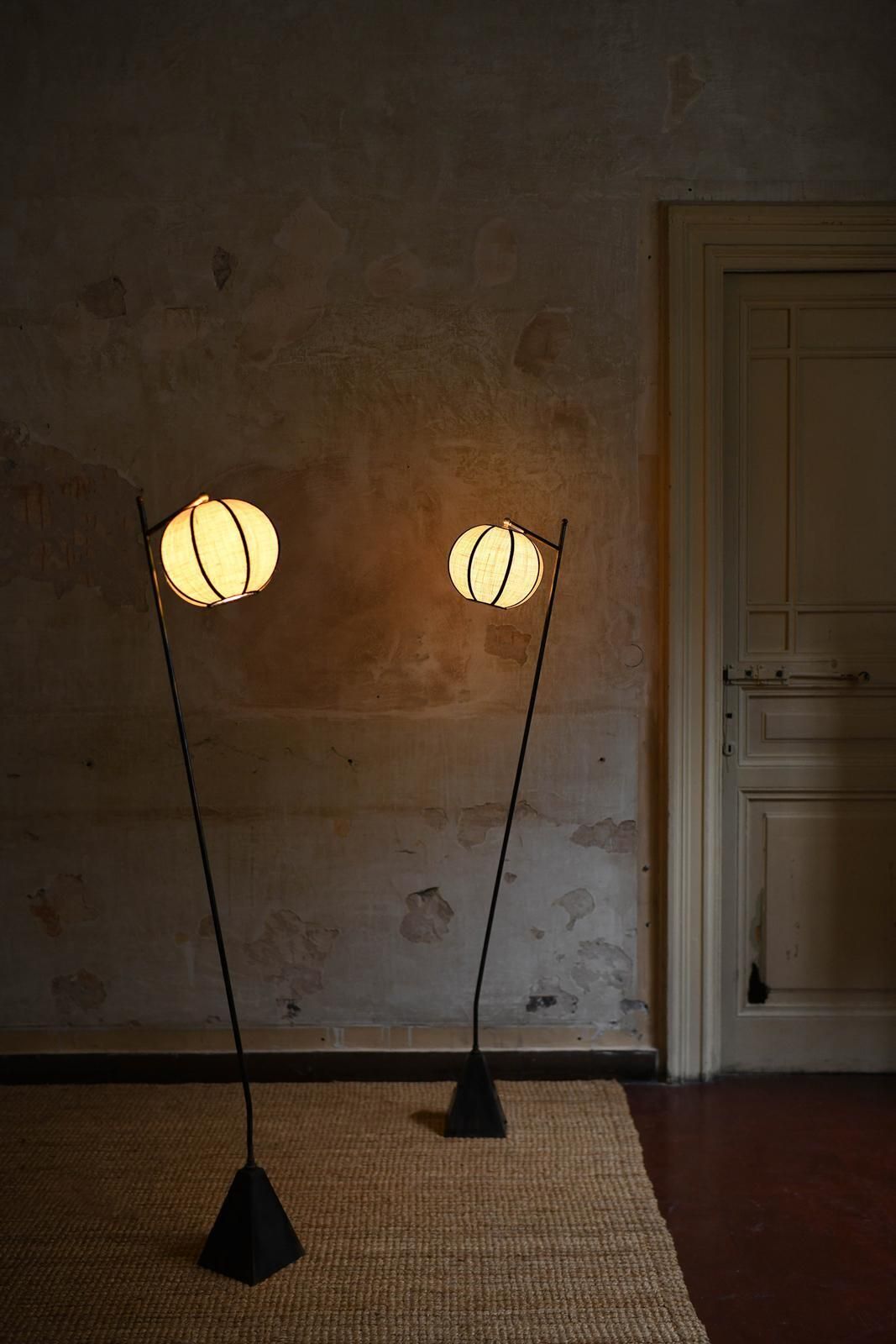 Pair Of “Lanterna” Floor Lamps With Iron Frame And Spherical Fabric Lampshade photo Lighting
