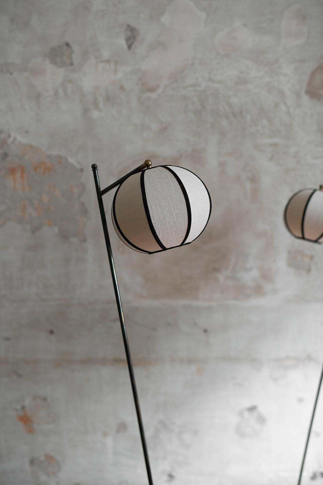 Pair Of “Lanterna” Floor Lamps With Iron Frame And Spherical Fabric Lampshade photo vintage