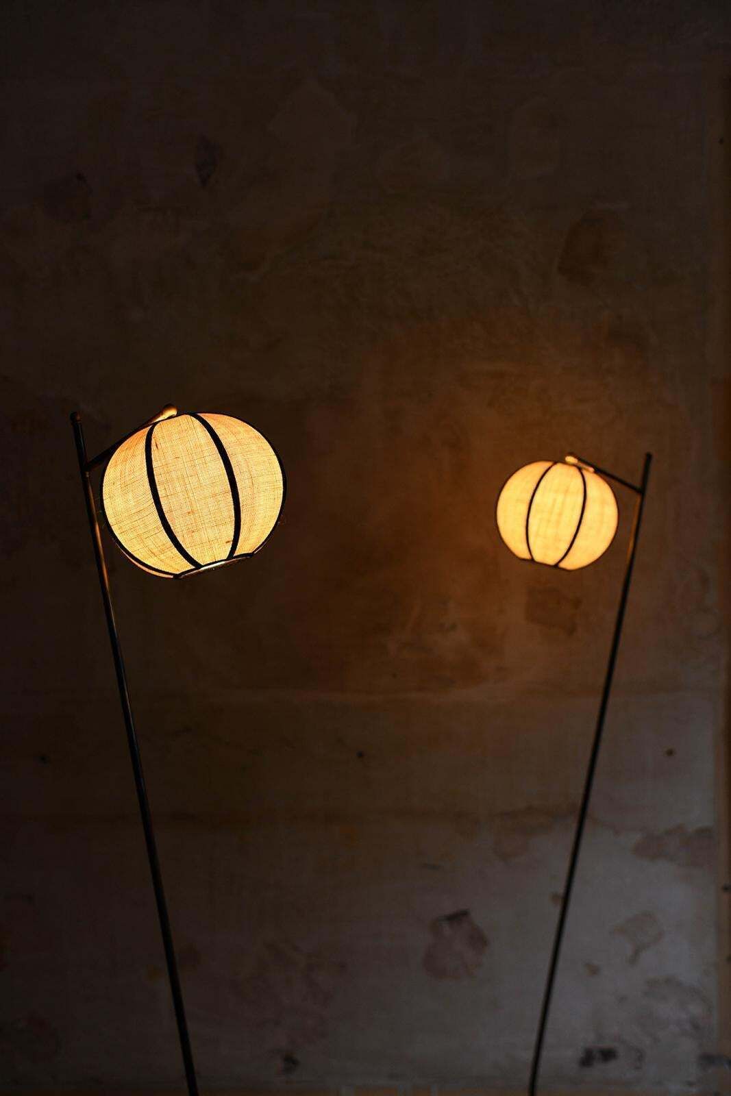 photo for sale Pair Of “Lanterna” Floor Lamps With Iron Frame And Spherical Fabric Lampshade