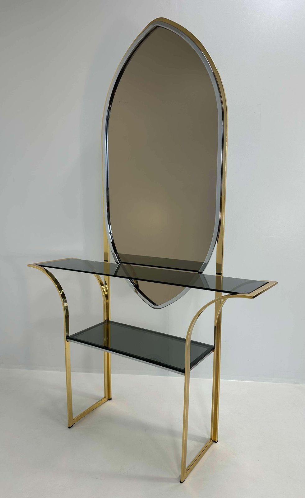 Italian Curved Brass And Chromed Console, 1970s photo furniture