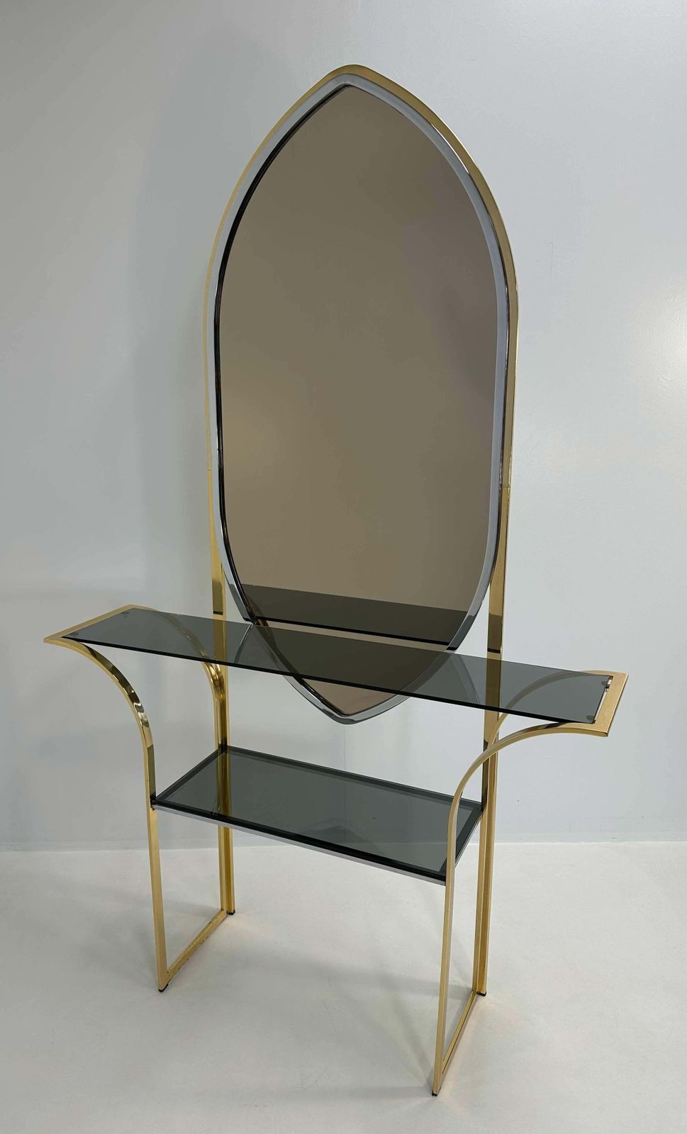 Italian Curved Brass And Chromed Console, 1970s photo for sale