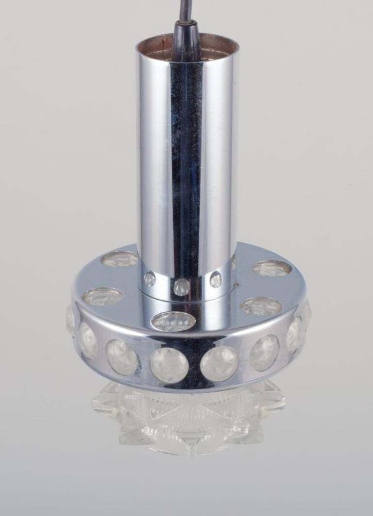 Raak, Holland. Ceiling Pendant In Chromed Metal And Clear Art Glass. 1970s. photo Lighting