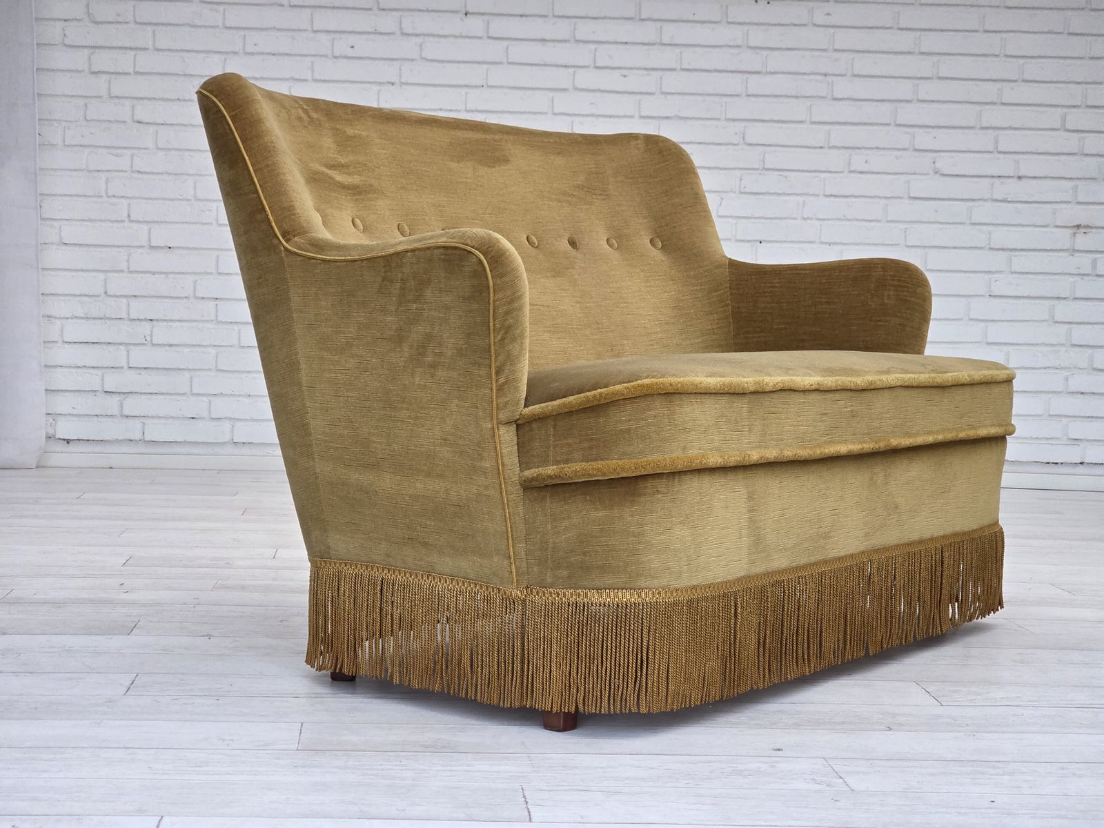 1970s, Danish 2 Seater Sofa, Original Light Green Furniture Velour, Beech Wood. photo vintage