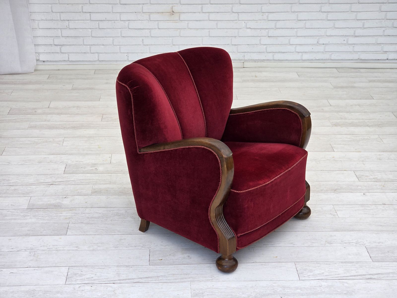 1950s, Danish Relax Armchair, Cherry Red Furniture Velour, Dark Beech Wood. photo furniture