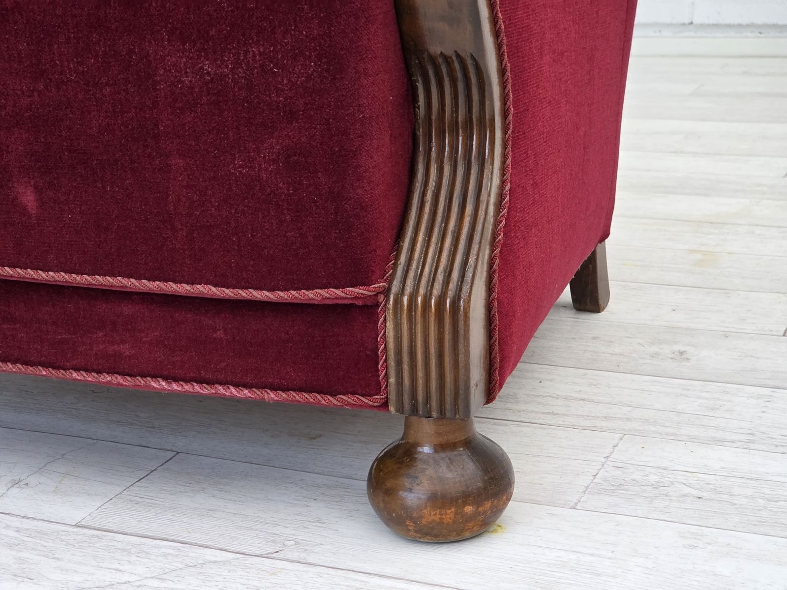 photo furniture 1950s, Danish Relax Armchair, Cherry Red Furniture Velour, Dark Beech Wood.