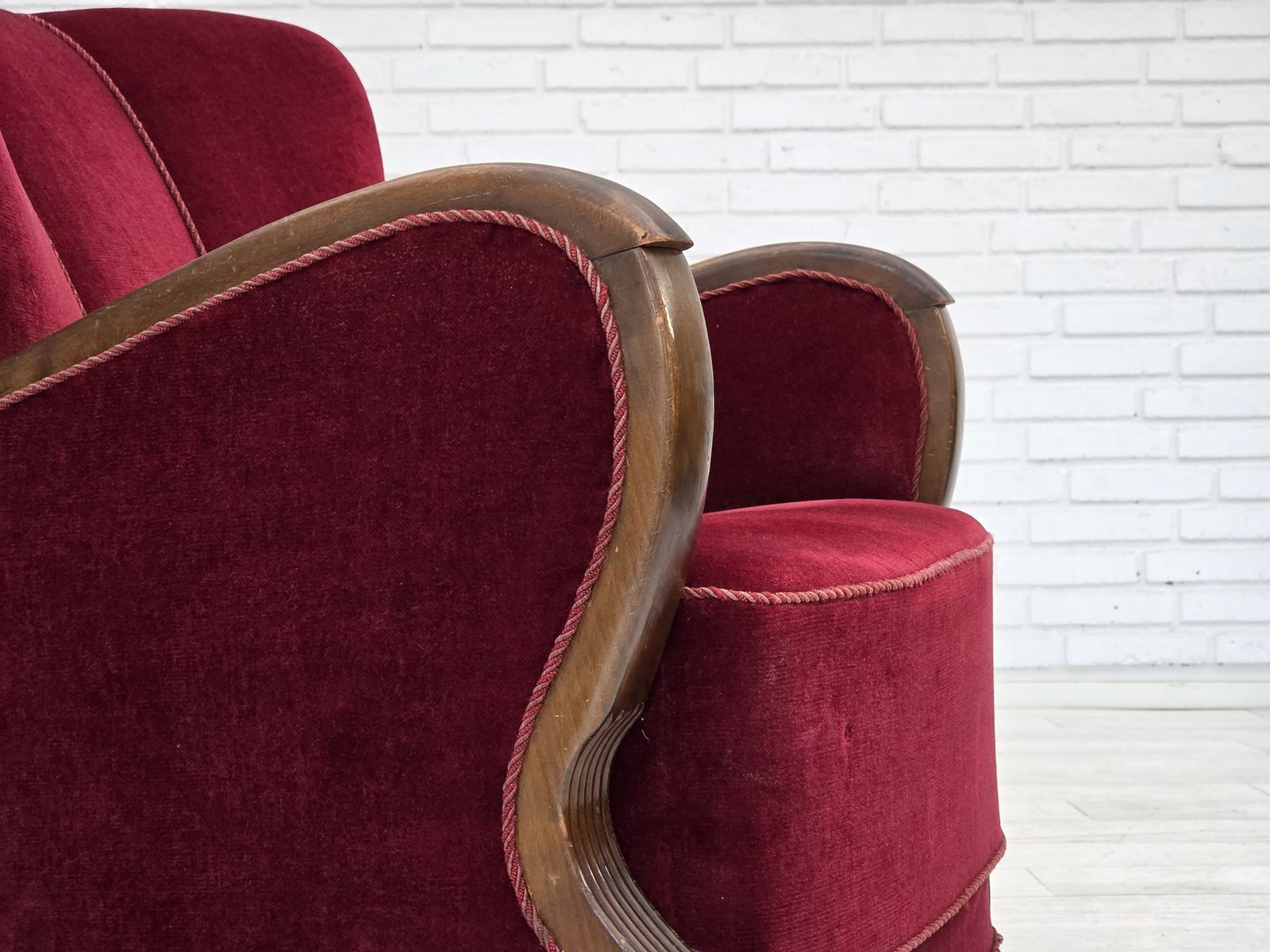 photo for sale 1950s, Danish Relax Armchair, Cherry Red Furniture Velour, Dark Beech Wood.