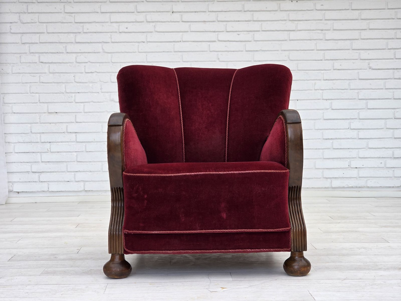 Furniture 1950s, Danish Relax Armchair, Cherry Red Furniture Velour, Dark Beech Wood. photo