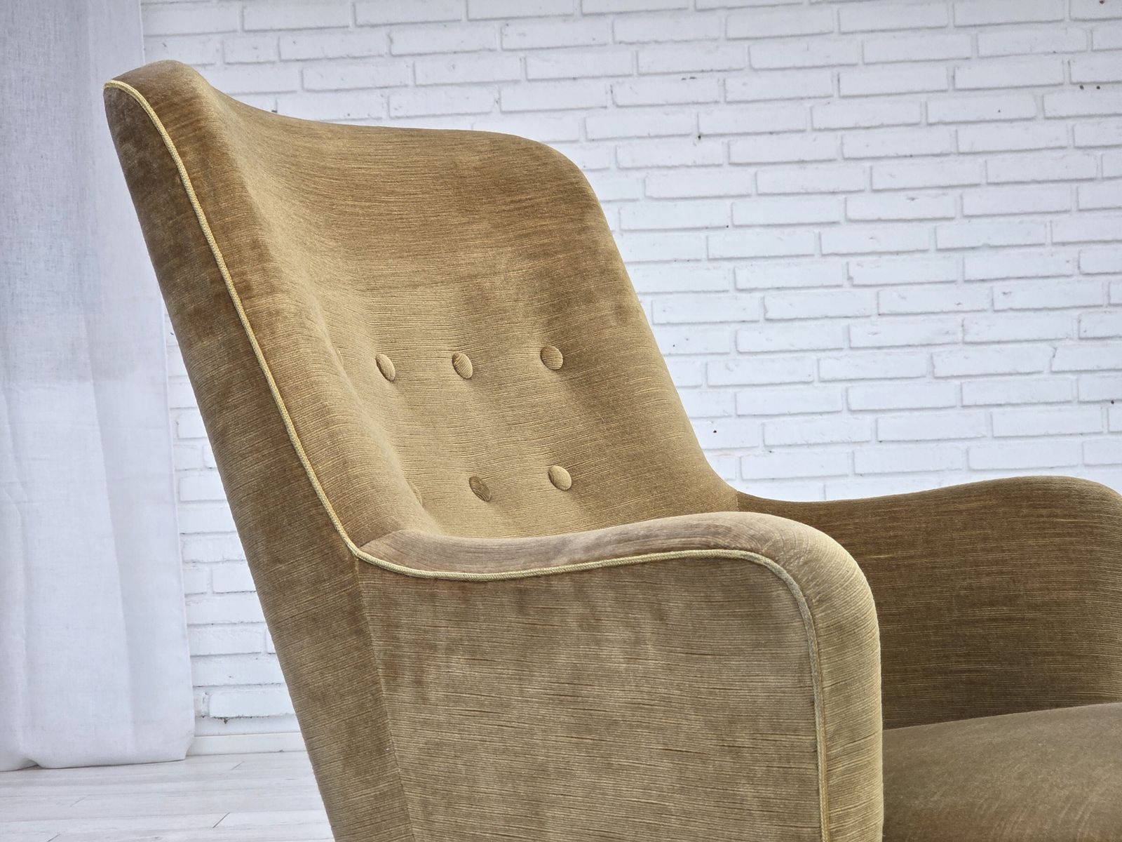 1970s, Danish Highback Armchair, Original Light Green Furniture Velour, Beech Wood. photo for sale