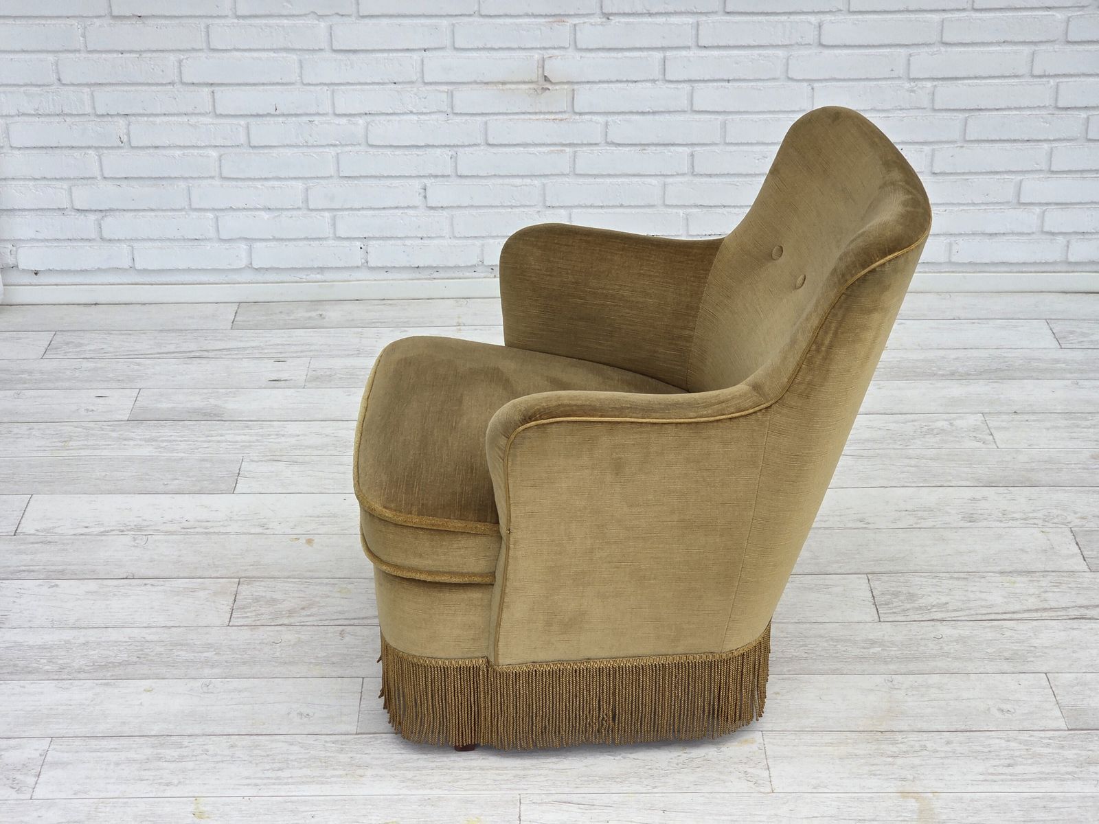 1970s, Danish Lounge Chair, Original Light Green Furniture Velour, Beech Wood. photo 890.0