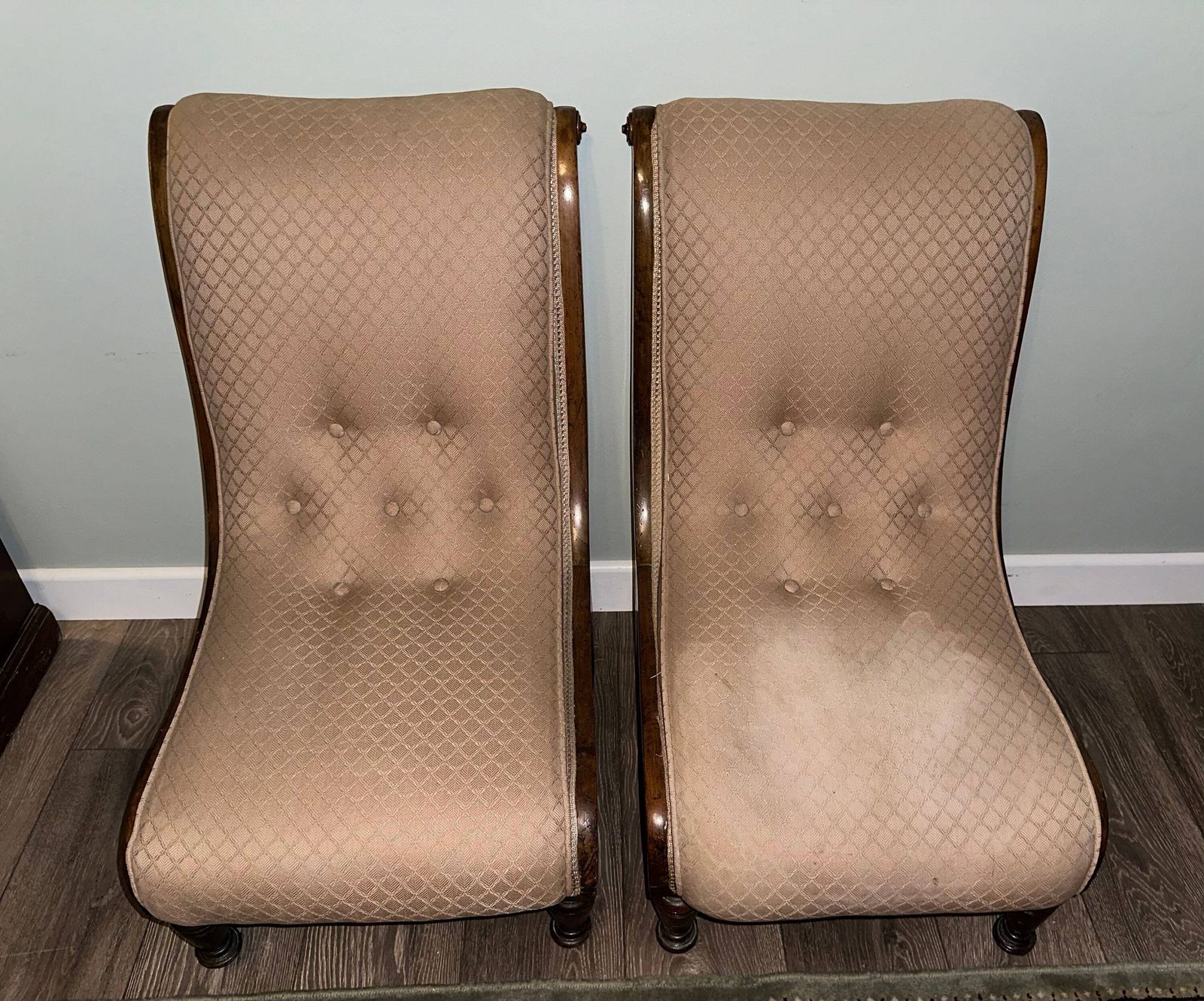 Pair Of Late Victorian Walnut Nursing Chairs – Carved Frames On Castors (C.1895) photo furniture