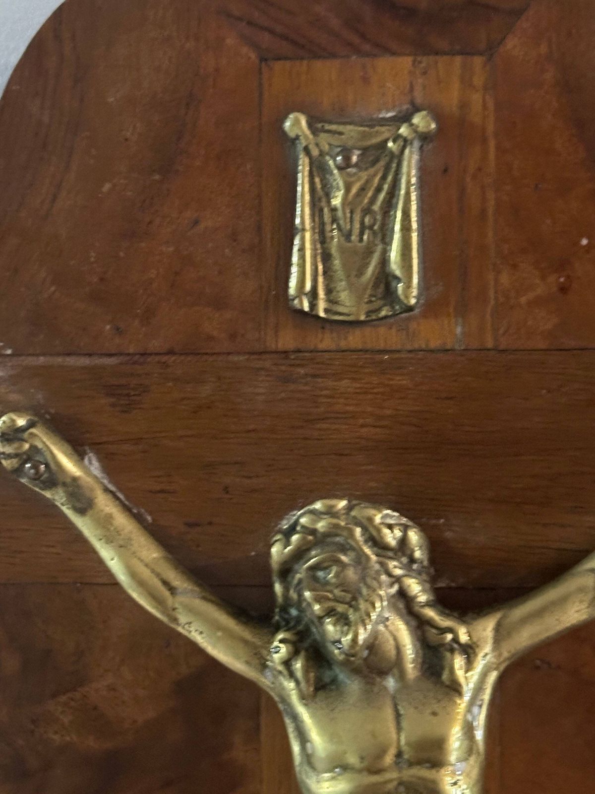 Antique Wooden Walnut Veneer And Brass Crucifux Plaque Wall Hanging photo Art
