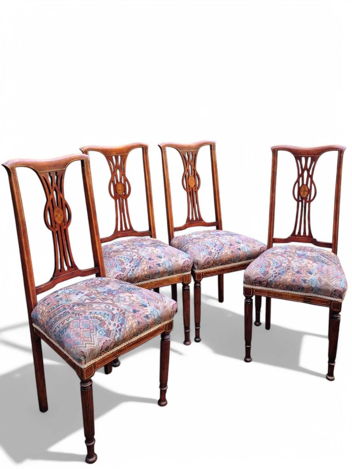 Antique Victorian Inlaid Mahogany Dining Chairs / Set Of 4 / C1880 photo for sale