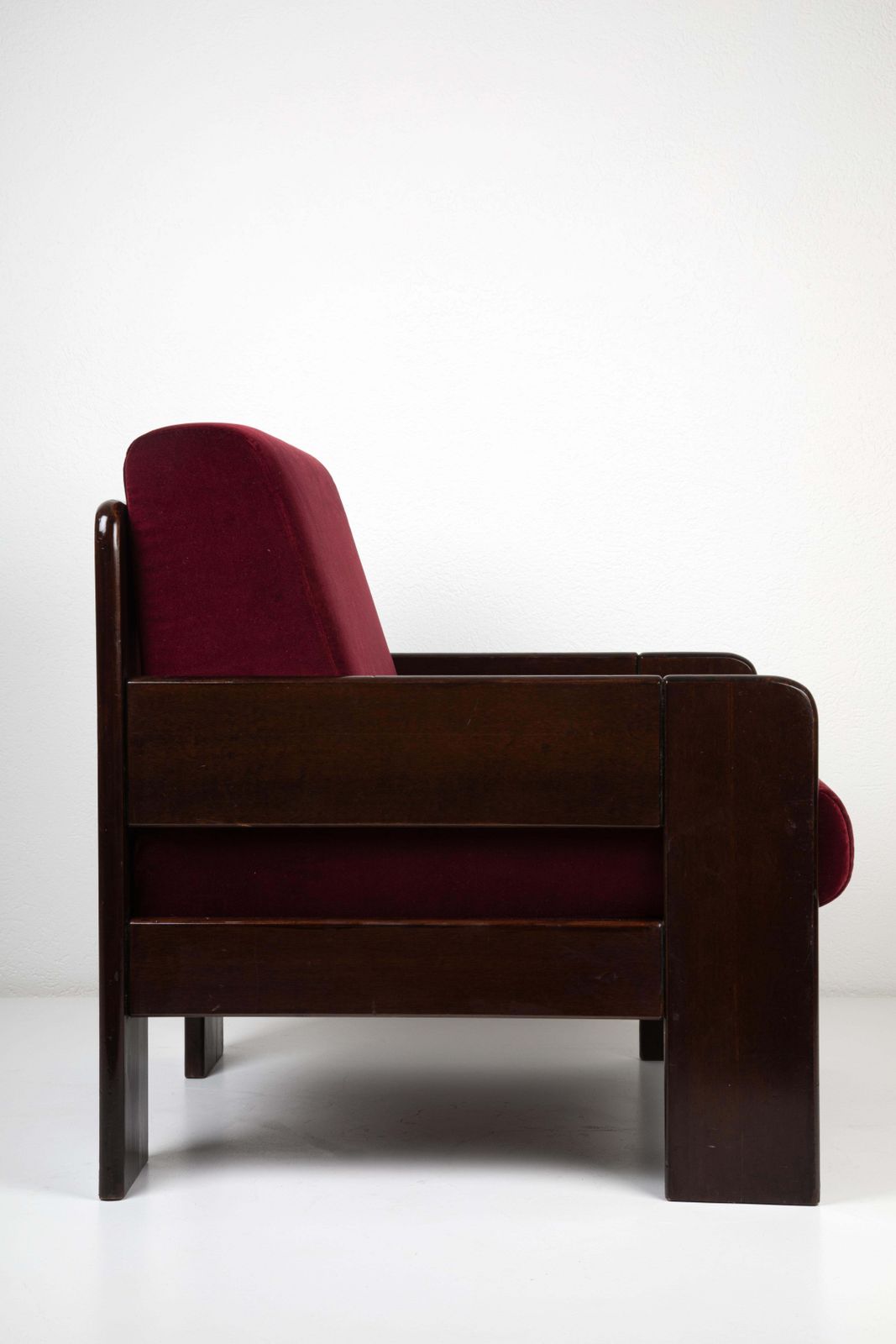 Mid Century Modern Four Armchairs Wood Dark Red Velvet Fabric photo 5033.0