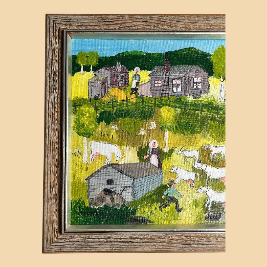 Farm In The Naïve Style, Oil On Canvas Landscape Painting photo for sale