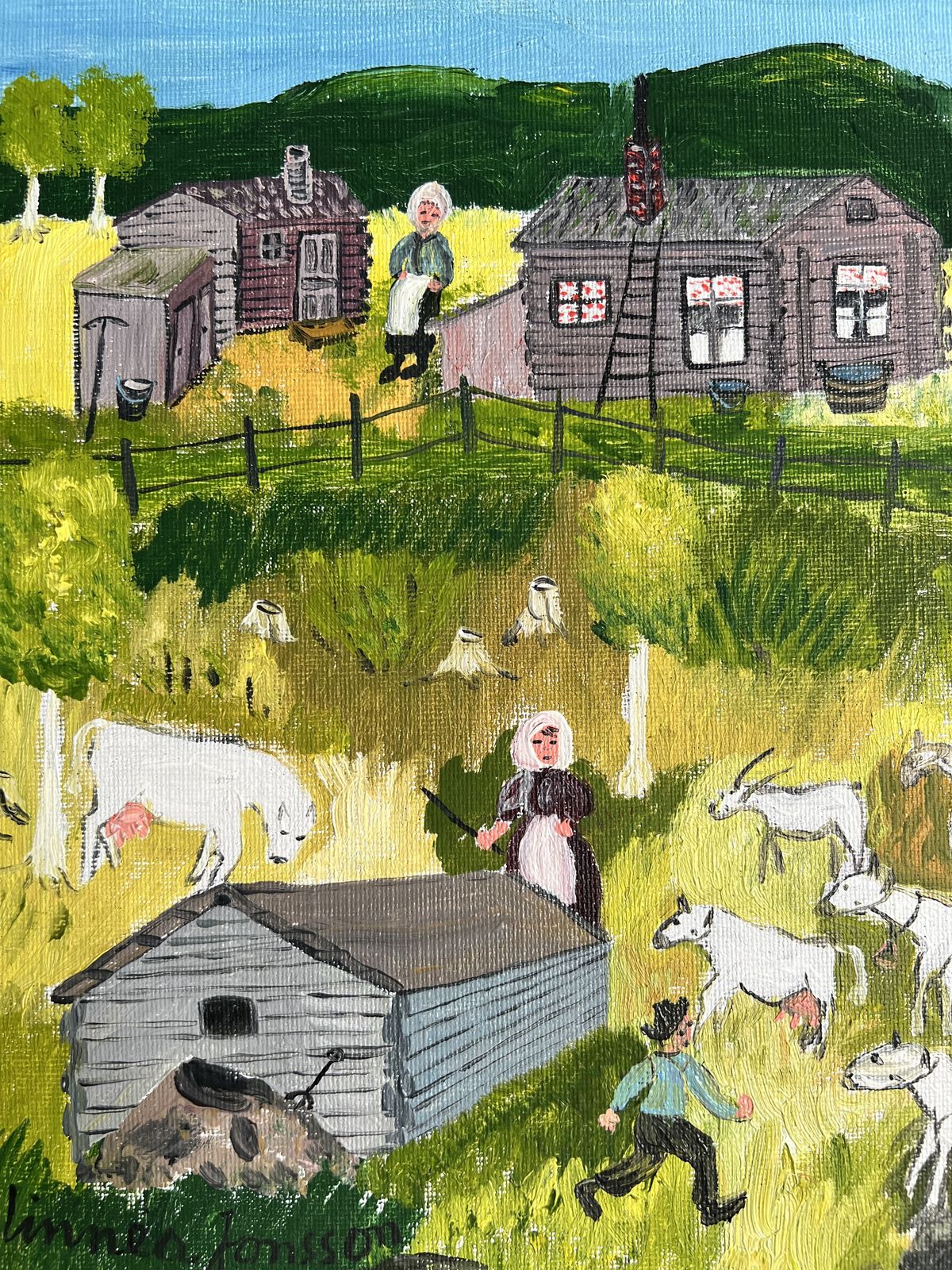 Farm In The Naïve Style, Oil On Canvas Landscape Painting photo Art