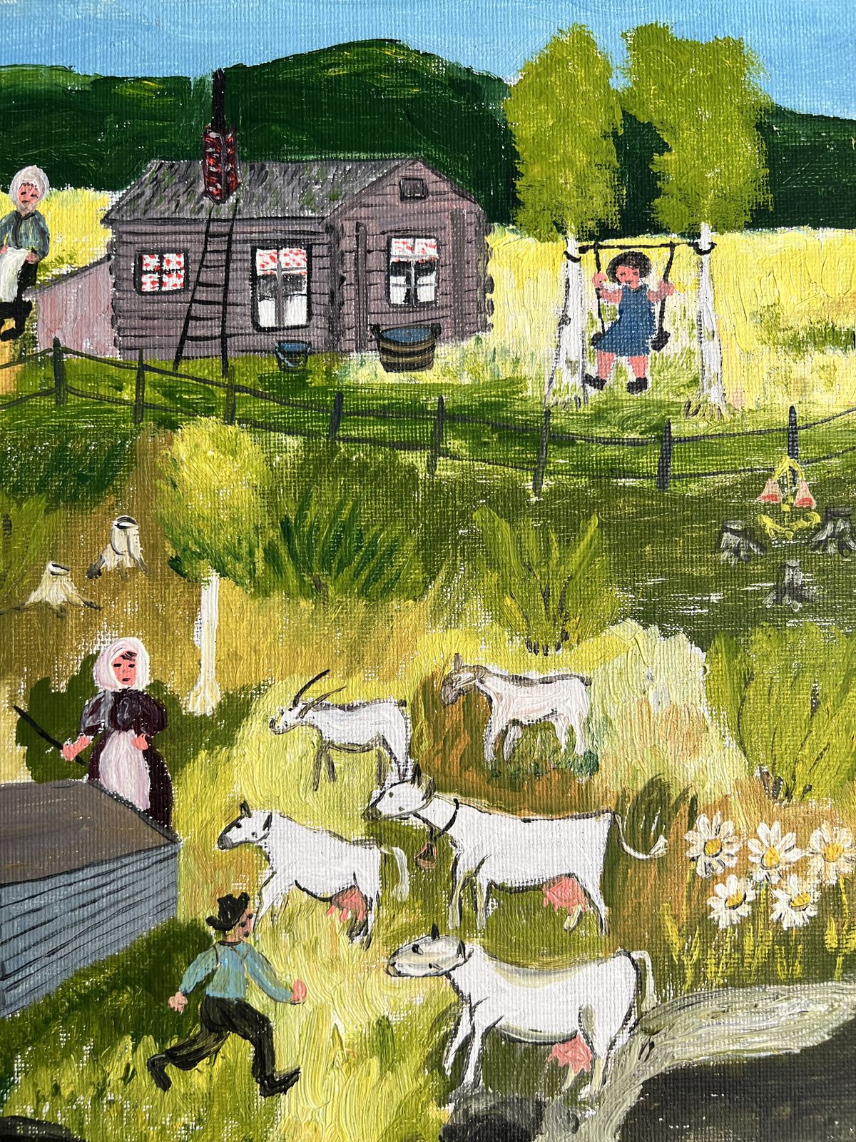 Farm In The Naïve Style, Oil On Canvas Landscape Painting photo vinterior