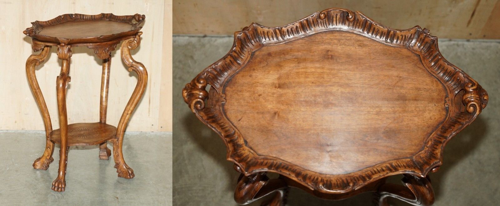 Antique French Hand Carved Tea Silver Tray Table With Removable Serving Tray Top