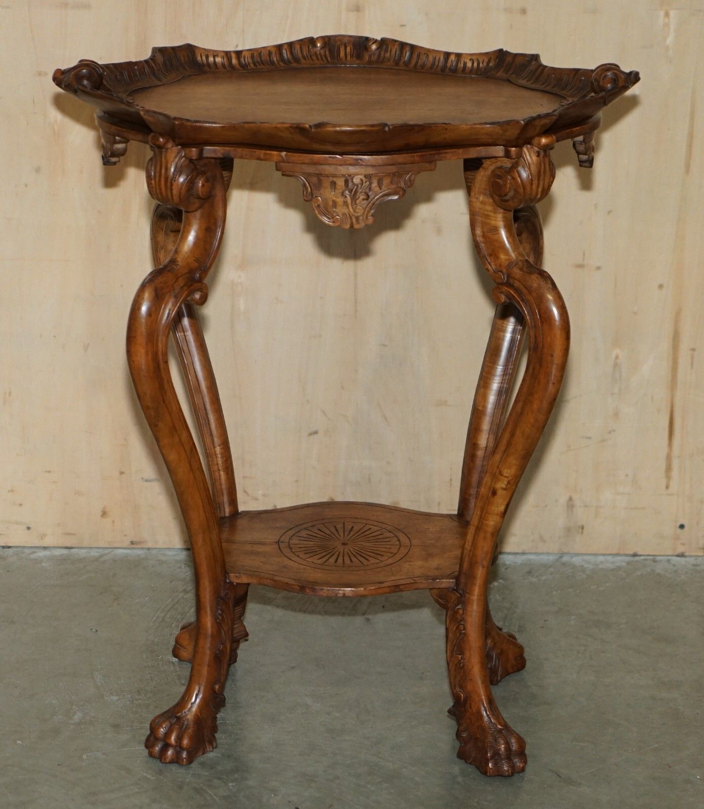 Antique French Hand Carved Tea Silver Tray Table With Removable Serving Tray Top photo for sale