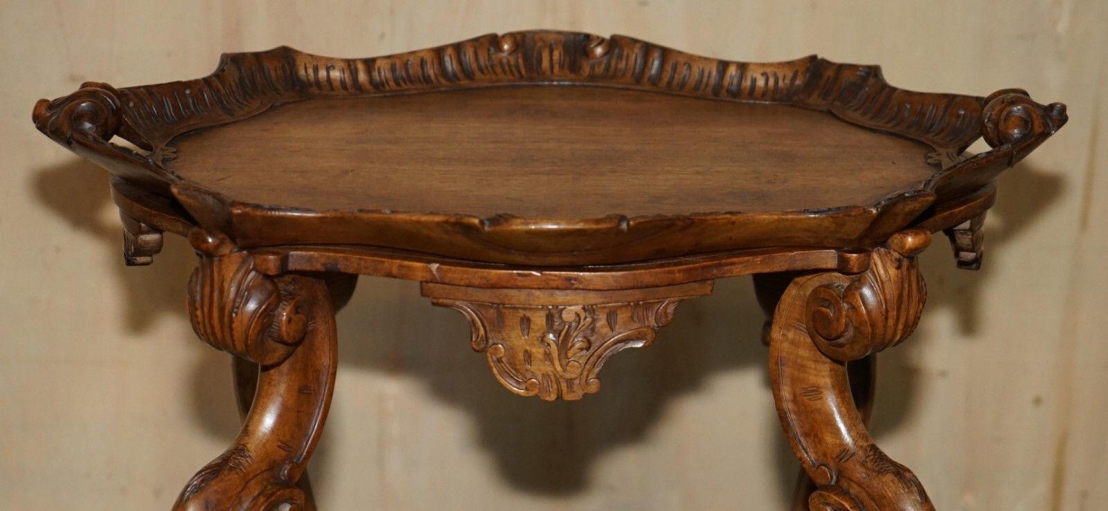 Antique French Hand Carved Tea Silver Tray Table With Removable Serving Tray Top photo Furniture