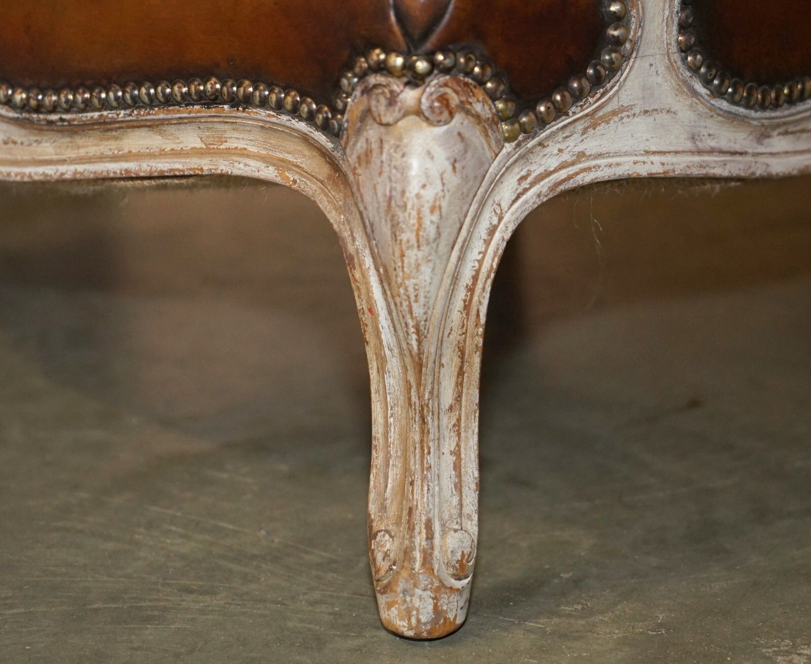photo furniture Restored Pair Of Antique Original Paint Brown Leather French Louis XV Armchairs
