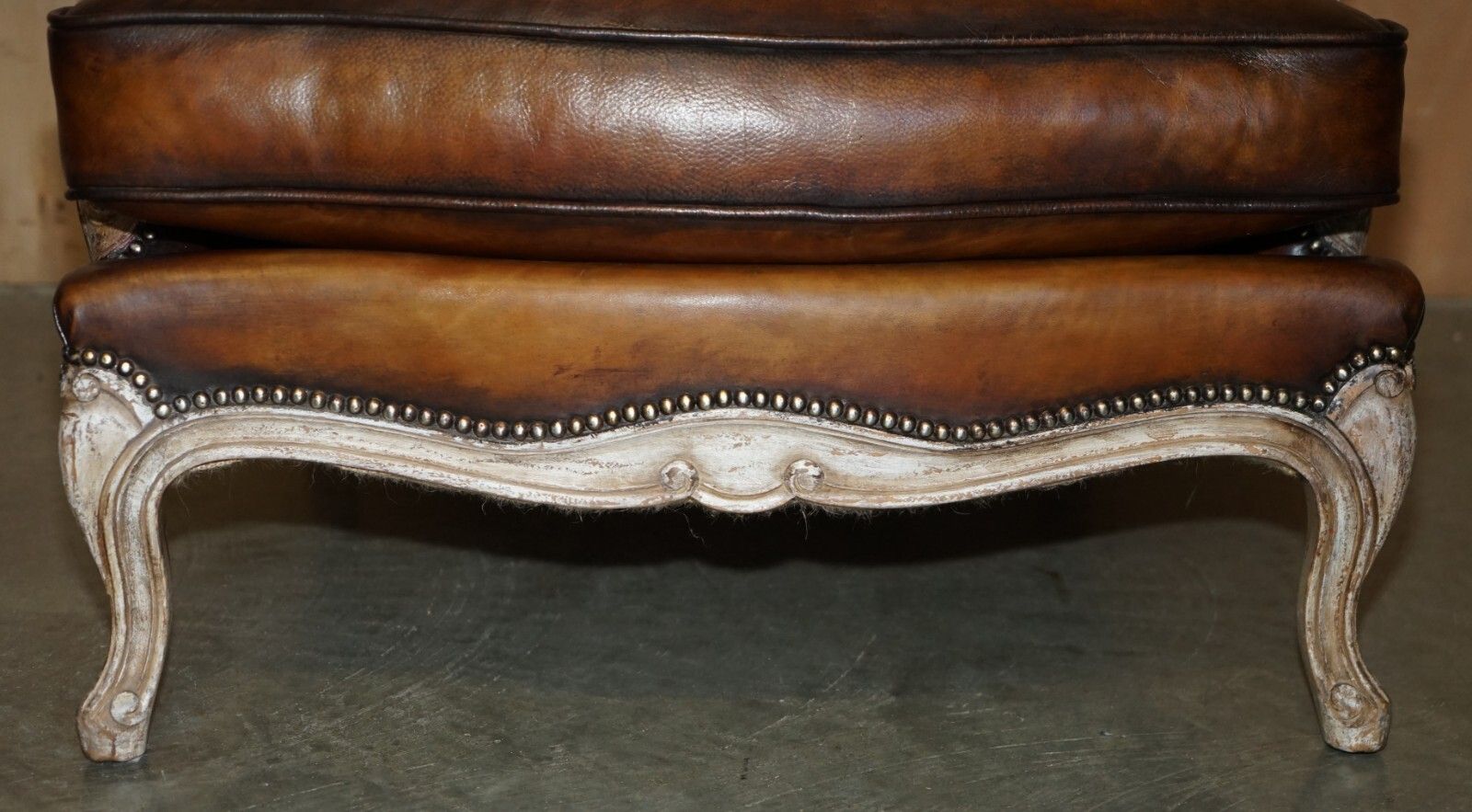 photo for sale Restored Pair Of Antique Original Paint Brown Leather French Louis XV Armchairs