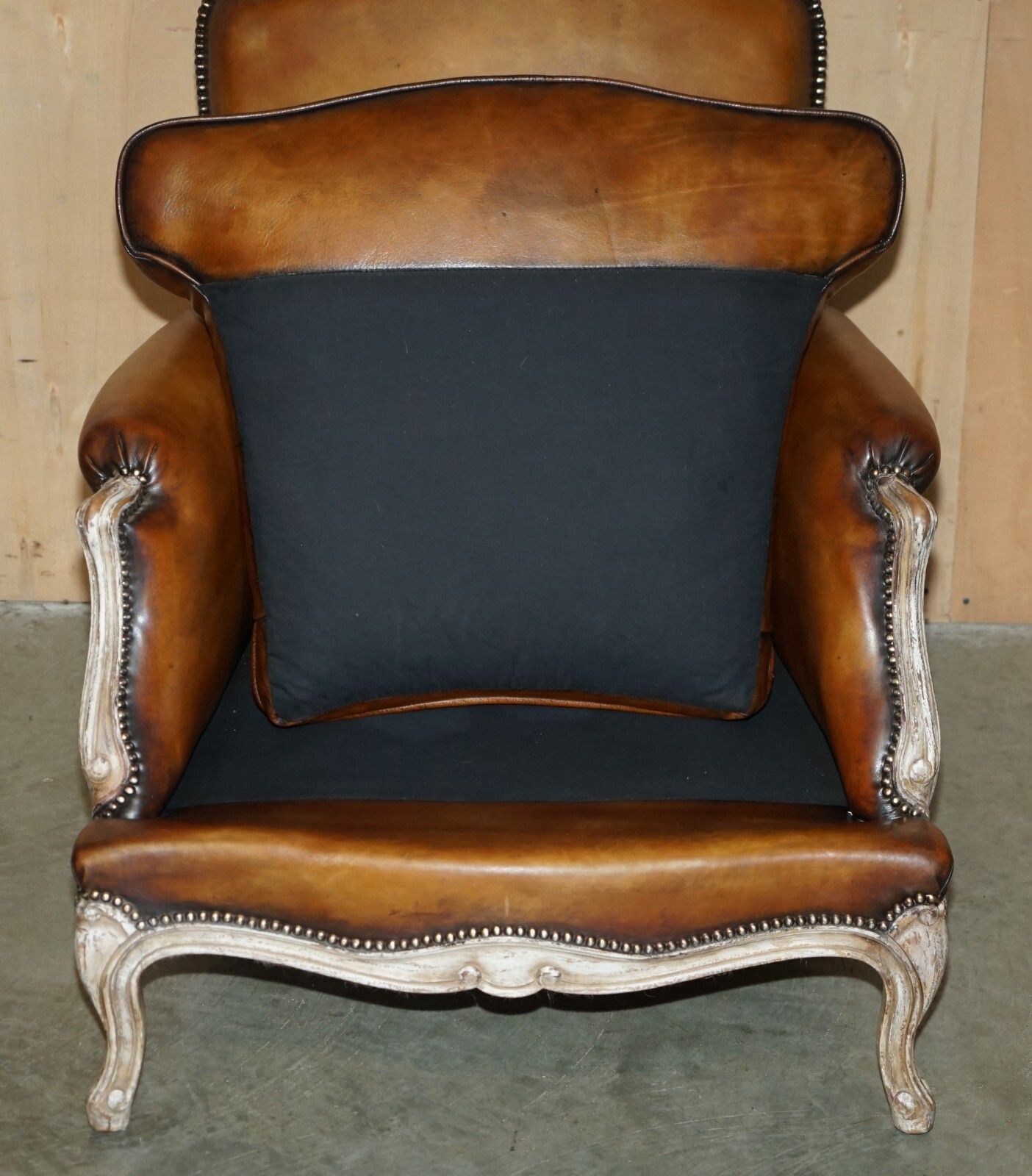 Furniture Restored Pair Of Antique Original Paint Brown Leather French Louis XV Armchairs photo